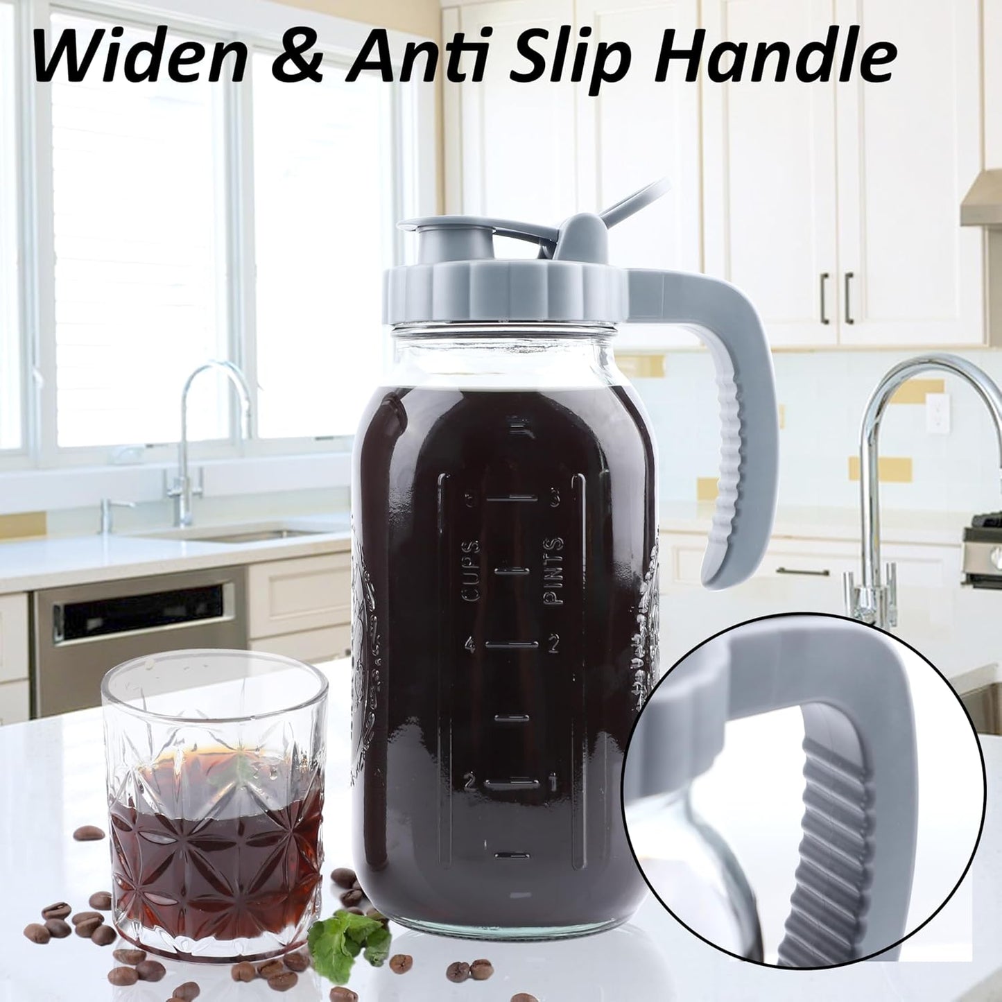 Cold Brew Coffee Maker 64 OZ 2 Pack Mason Jar Cold Brew Pitcher With Infuser 2 Quart Wide Mouth Iced Coffee Maker With Pour Spout Lid And Handle Half Gallon Airtight & Leakproof Pitcher For Fridge