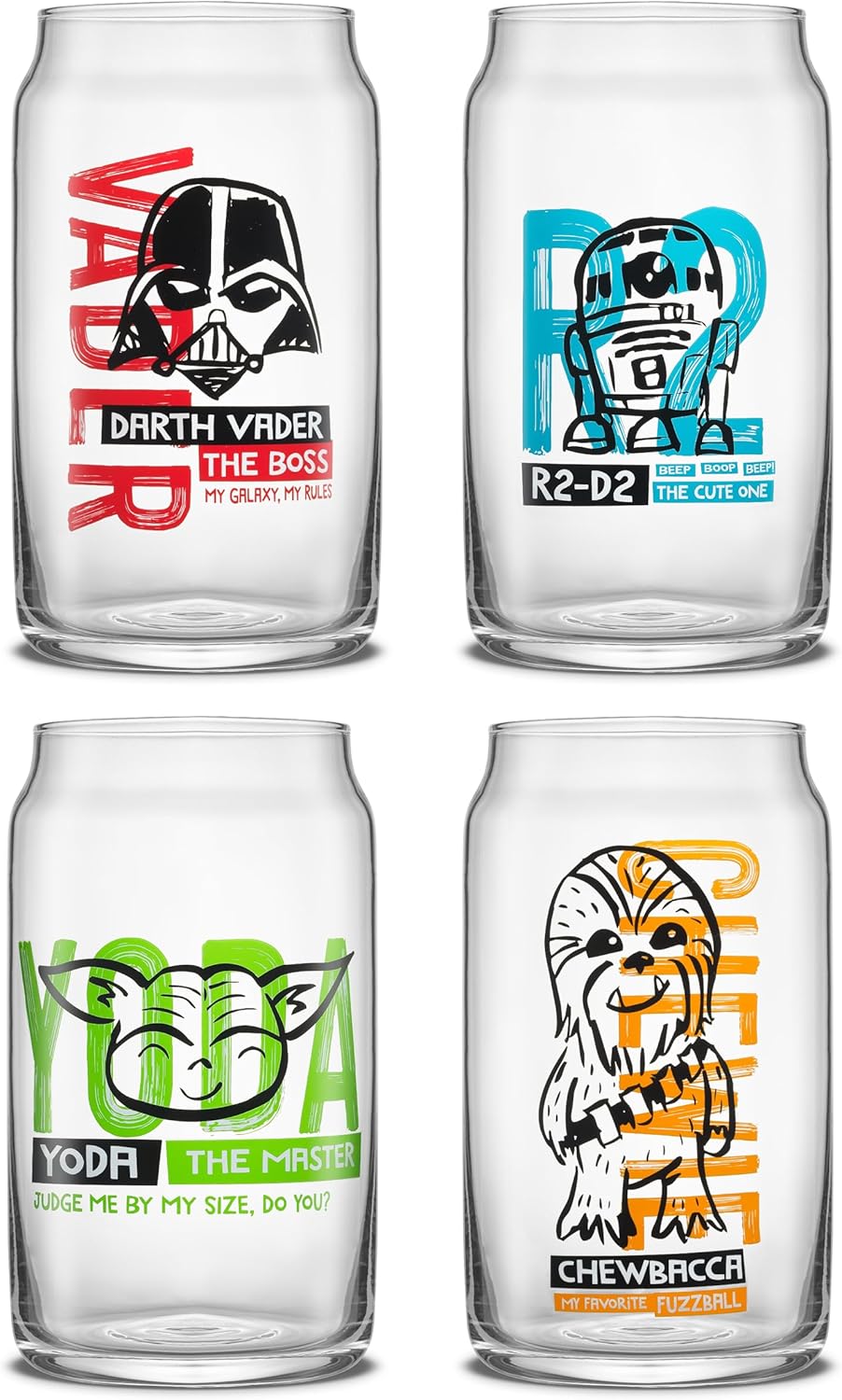 JoyJolt Star Wars Now Playing Collection Tumblers, 16.9oz Classic Can Shape Glass Tumbler Set of 4 w/Glass Straws