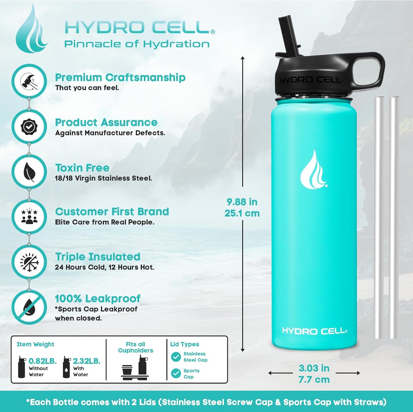 HYDRO CELL Stainless Steel Insulated Water Bottle with Straw - For Cold & Hot Drinks - Metal Vacuum Flask with Screw Cap and Modern Leakproof Sport Thermos for Adults (Teal 24oz)