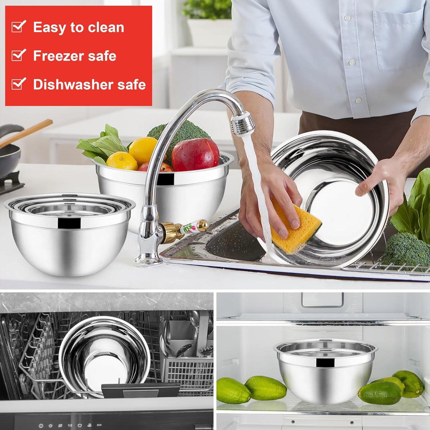 E-far Mixing Bowls with Lids, 12-Piece Stainless Steel Salad Bowls Metal Nesting Bowls for Baking Cooking and Prepping, Airtight Lids & Stackable Design, Size 7, 4.5, 3, 1.5, 1.2, 0.7 QT (Red)