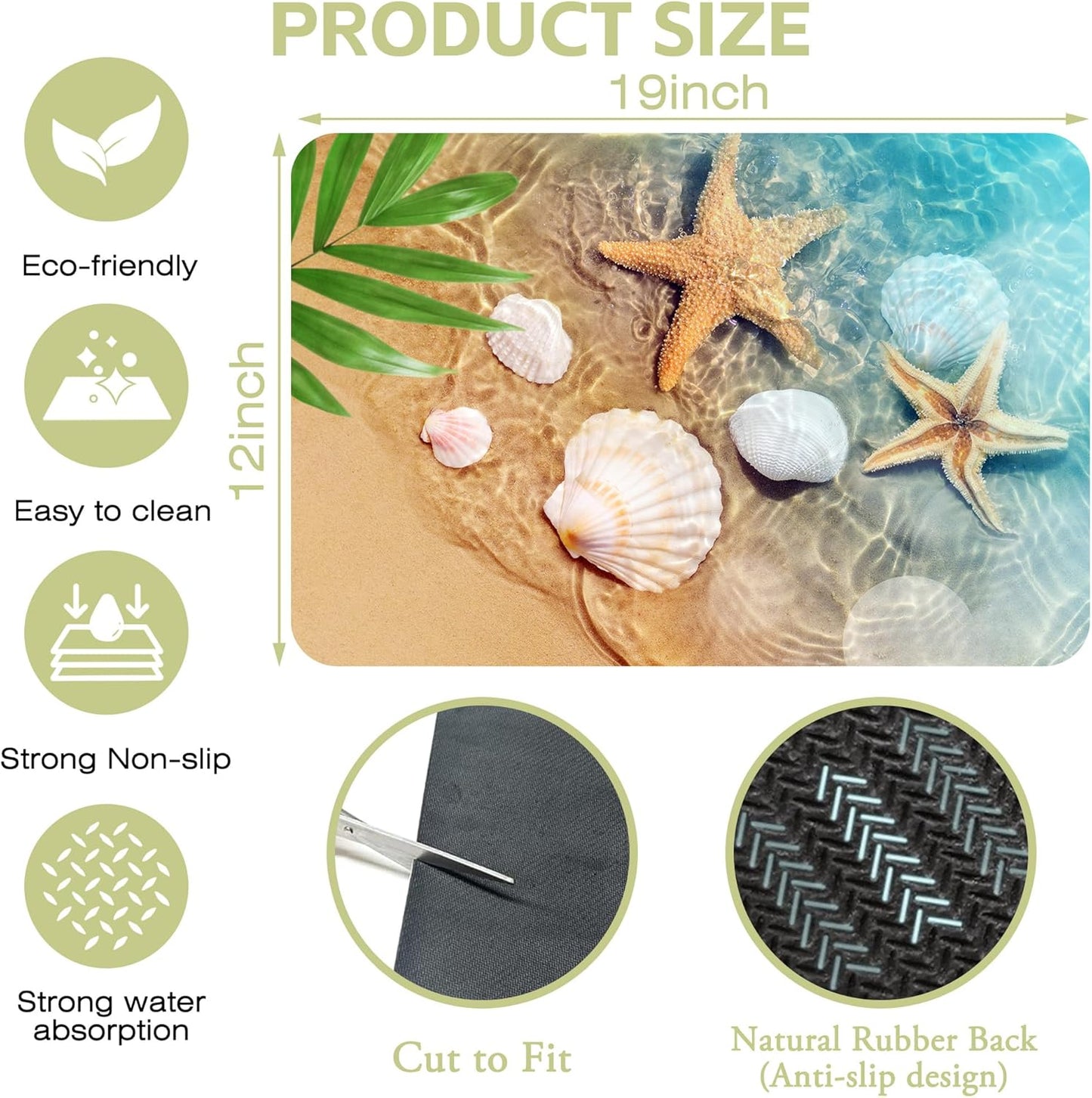 Dish Drying Mat Summer Beach Starfish Seashell Kitchen Mat 12"x19" Bsorbent Coffee Maker Mat for Dishes,Utensils Coffee Maker Pots and Pans Easy Clean Dish Slip Resistant Pad