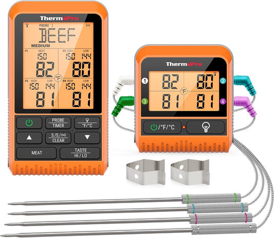 ThermoPro TP829 1000ft Wireless Meat Thermometer Digital for Grilling and Smoking, 4 Meat Probes Grill Thermometer for Outside Grill, BBQ Thermometer for Cooking Turkey Temperature Indicator