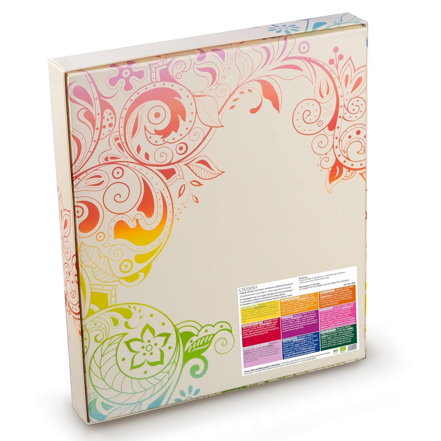 Creano Organic Fruit Tea Herbal Tea Gift Set – 45 Organic Tea Bags in 9 Dreamy Varieties – 90 g