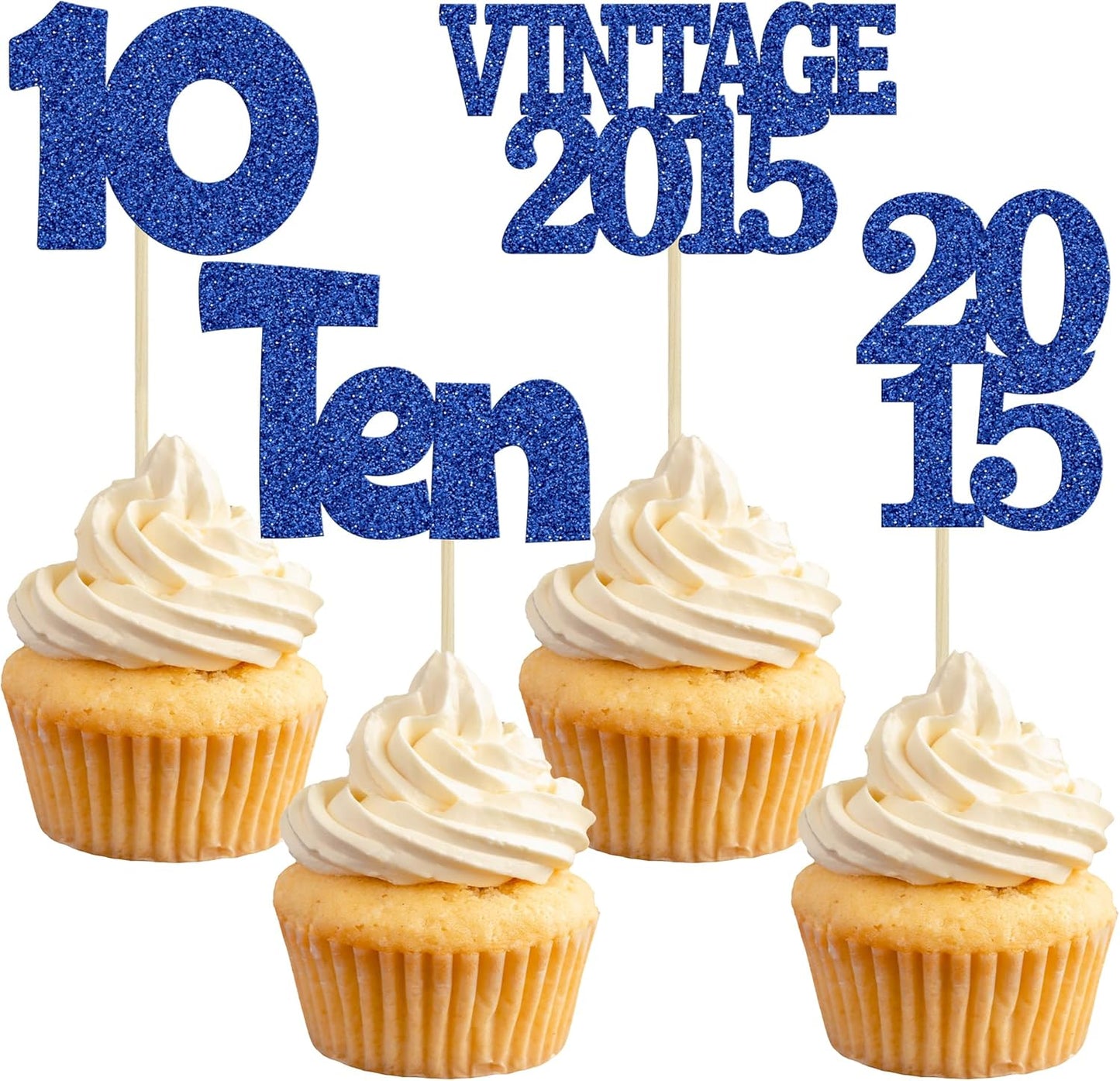 Gyufise 24Pcs 10th Birthday Cupcake Toppers Glitter Ten Vintage 2015 Double Digits 10 Cupcake Picks Birthday Cake Decorations for Happy 10th Birthday Anniversary Party Supplies Deep Blue
