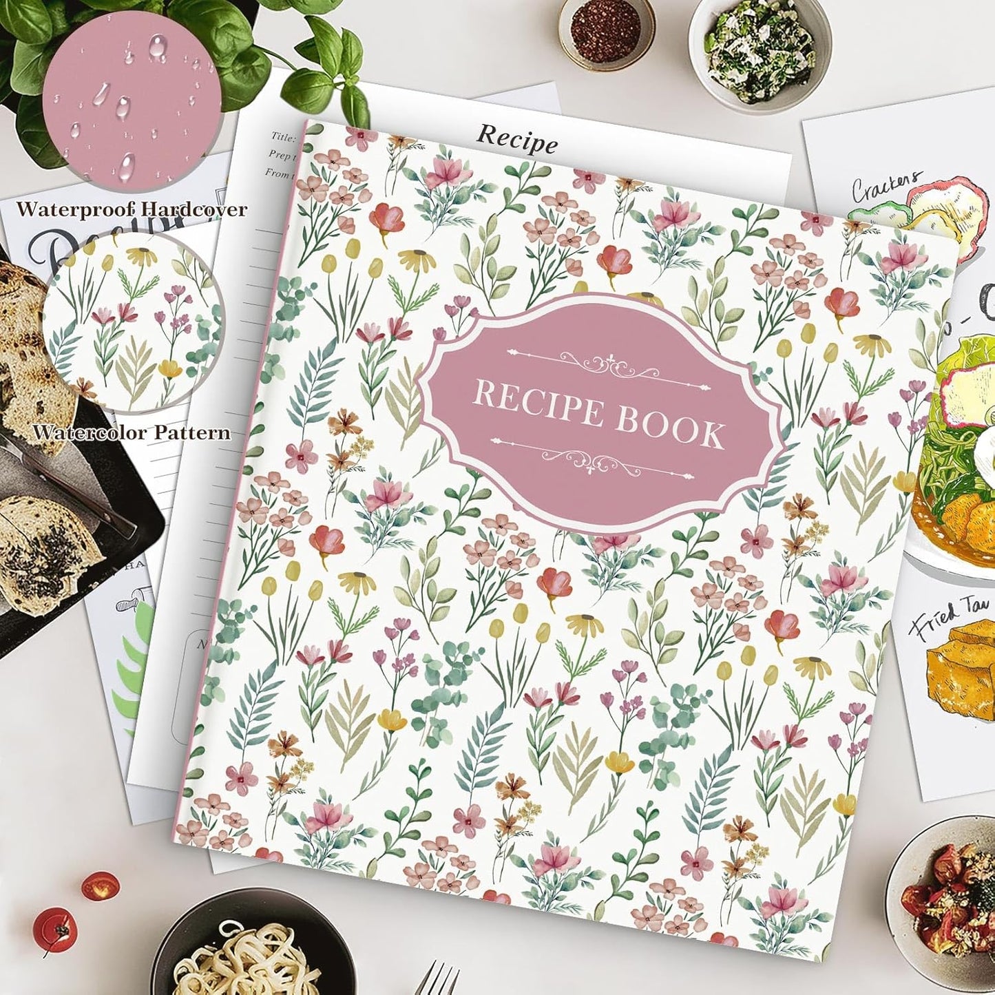 Lanpn Recipe Binder 8.5x11 3 Ring Kit, Blank Organizer Recipe Binder Waterproof Cookbook to Write in Your Own Recipes with 60 Plastic Sleeves,116 Recipes, Dividers,Labels & Stickers, Pink