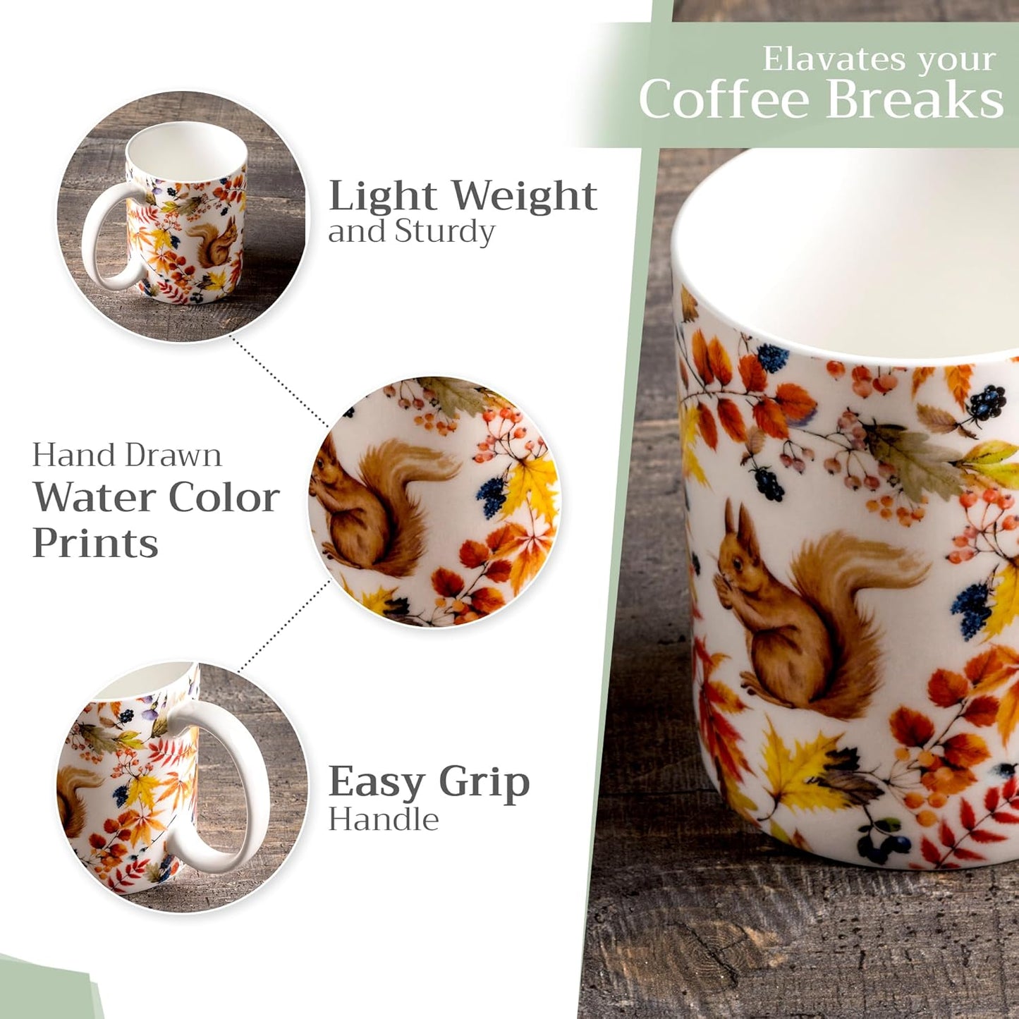 Maison d' Hermine Coffee Mug with Handles Fine Bone China Mugs Pack of Two Tea Cups for Hot Beverages Cappuccino Latte Home Restaurant Office Perfect for Gift (Sous-Bois, 15 Ounce)