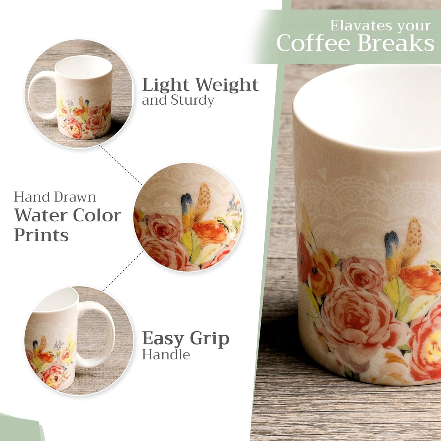 Maison d' Hermine Coffee Mug with Handles Fine Bone China Mugs Pack of One Tea Cups for Hot Beverages Cappuccino Latte Home Restaurant Office Perfect for Gift (Ibiza - Beige - Rose, 15 Ounce)