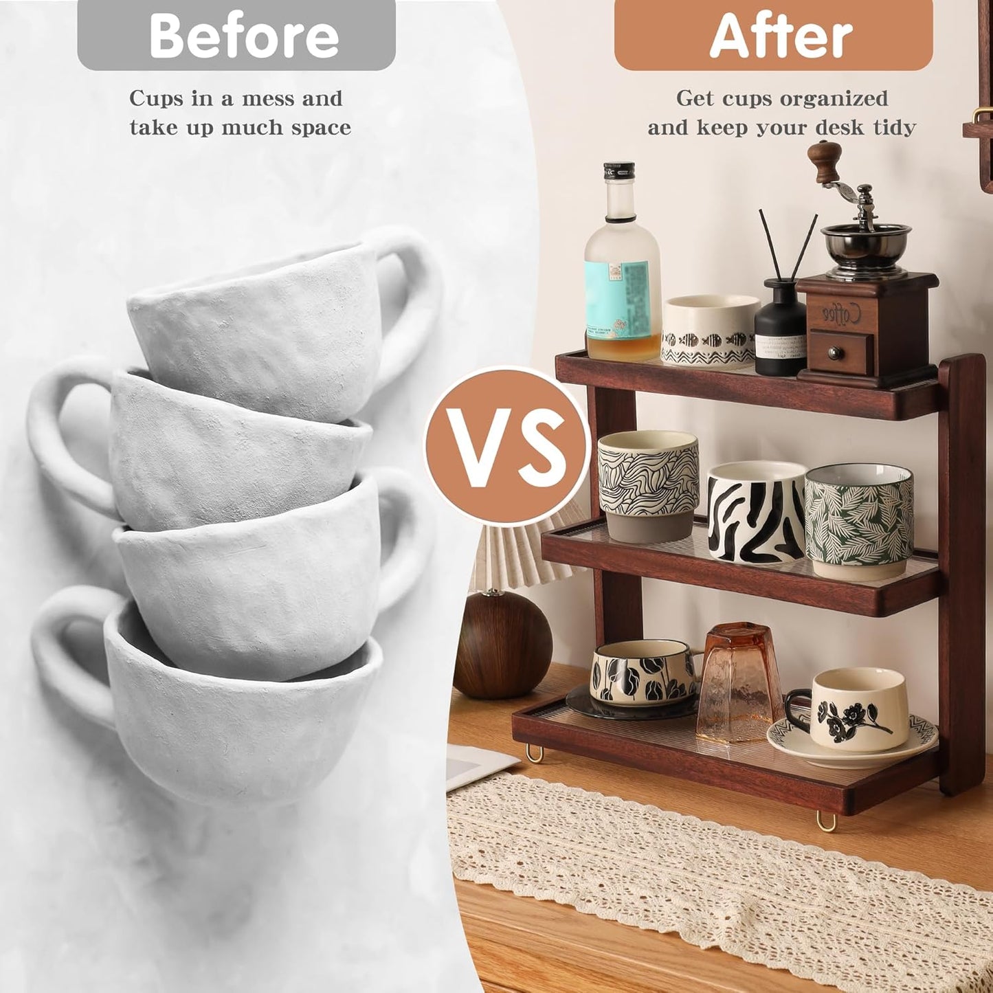 Coffee Mug Holder Wooden Cup Rack,3-Tier Acrylic Home Coffee Mug Display Rack for Kitchen Countertops, Coffee Bars, for Placing Mugs, Coffee Beans, Syrup, Cups, Stirrers