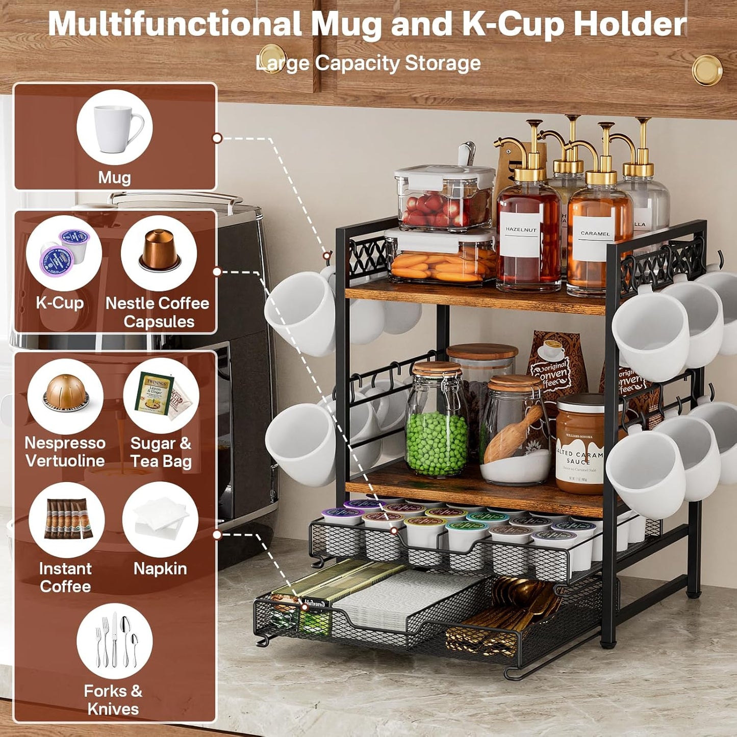 Coffee Bar Organizer Countertop Station Shelf - 4 Tier Mug Holder Stand With 12 Hooks, 30 K Cup Pod Drawer, Multifunctional Shelf for Accessories Kitchen
