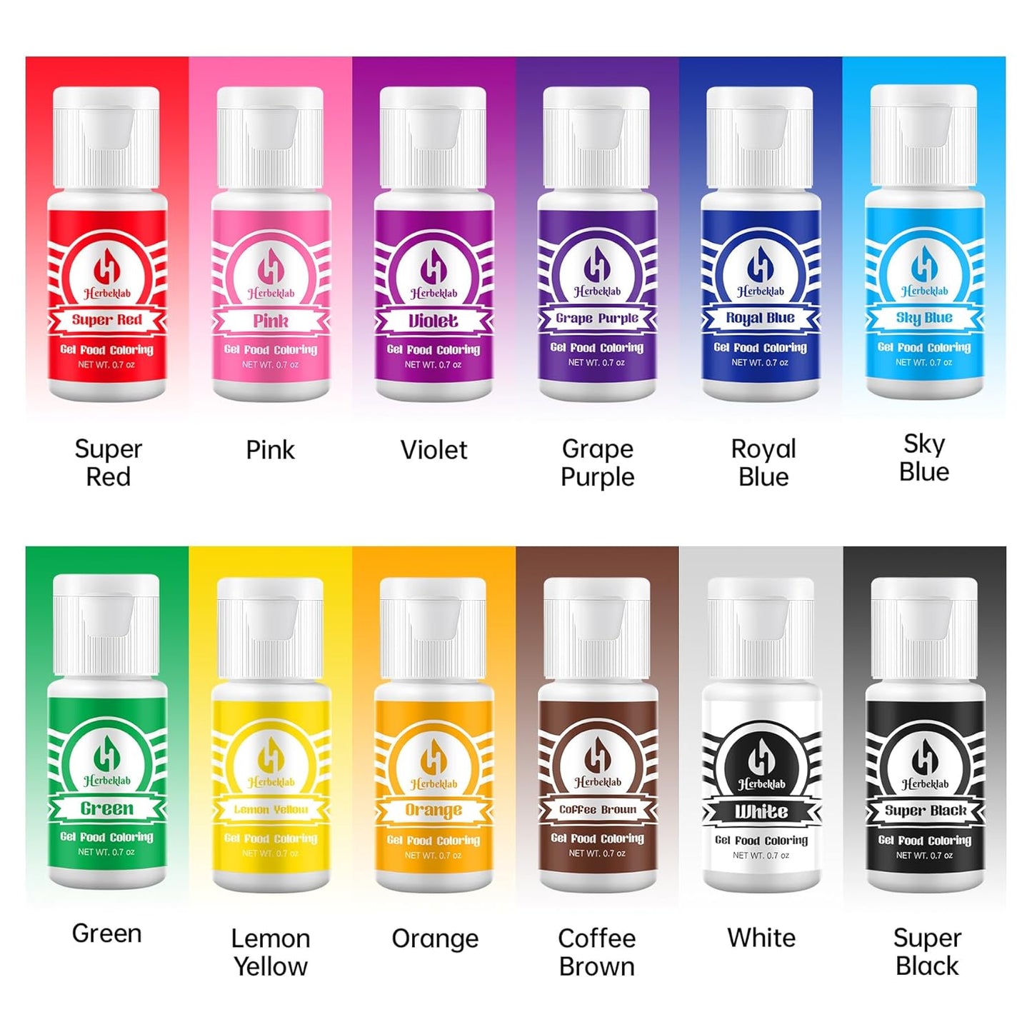 Gel Food Coloring 12 Colors x 0.7 oz Herbeklab Concentrated Gel Based Food Dye Vibrant Icing Colors Neon Food Coloring for Baking Cake Decorating Cookies Fondant