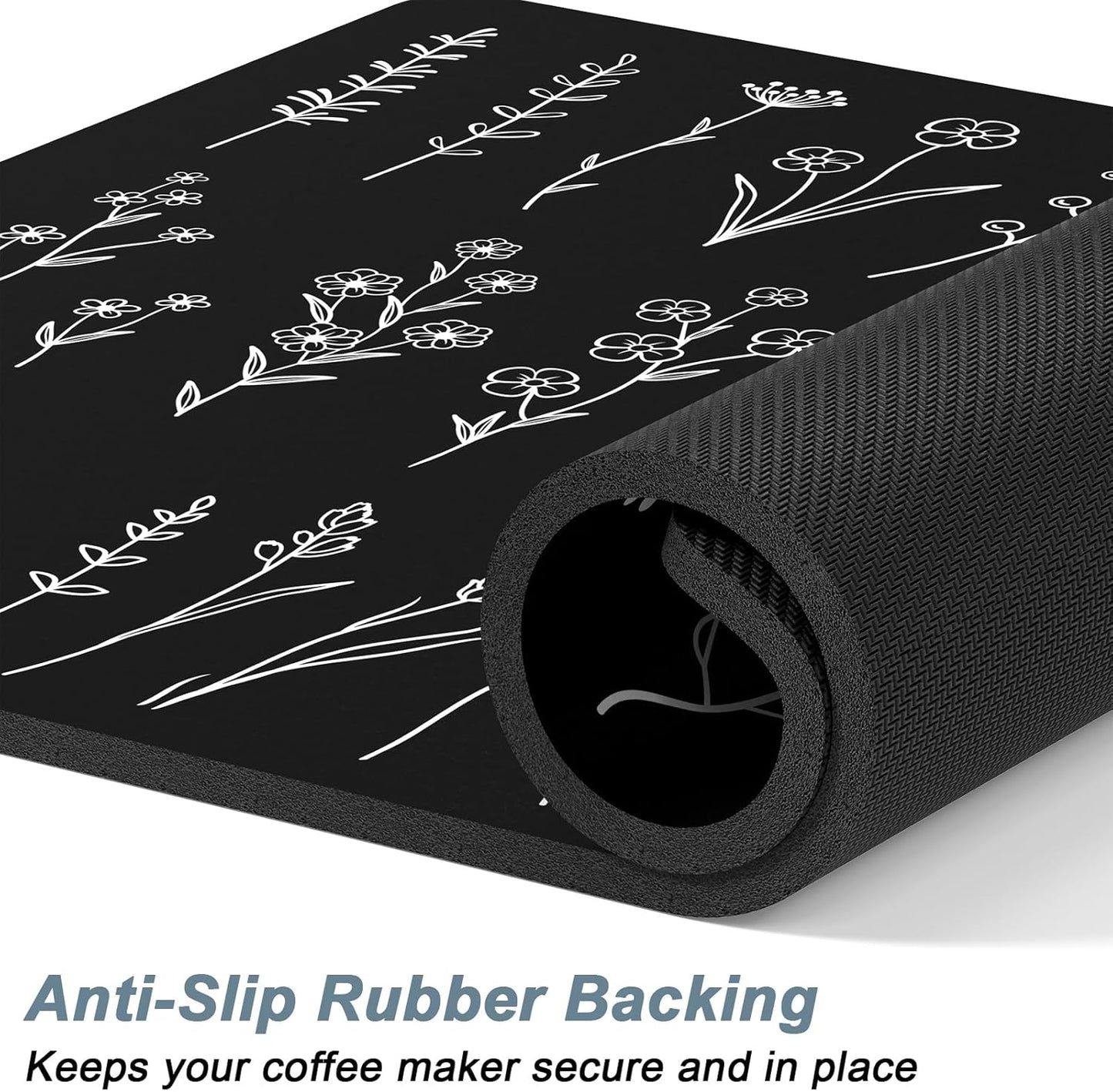 Rnivvi Coffee Mat, 12" x 19" Cute Coffee Bar Mats for Espresso Machine Station Accessories and Organizer, Hide Stain Rubber Backed Absorbent Dish Drying Pad for Kitchen Counter, Black White Leaves