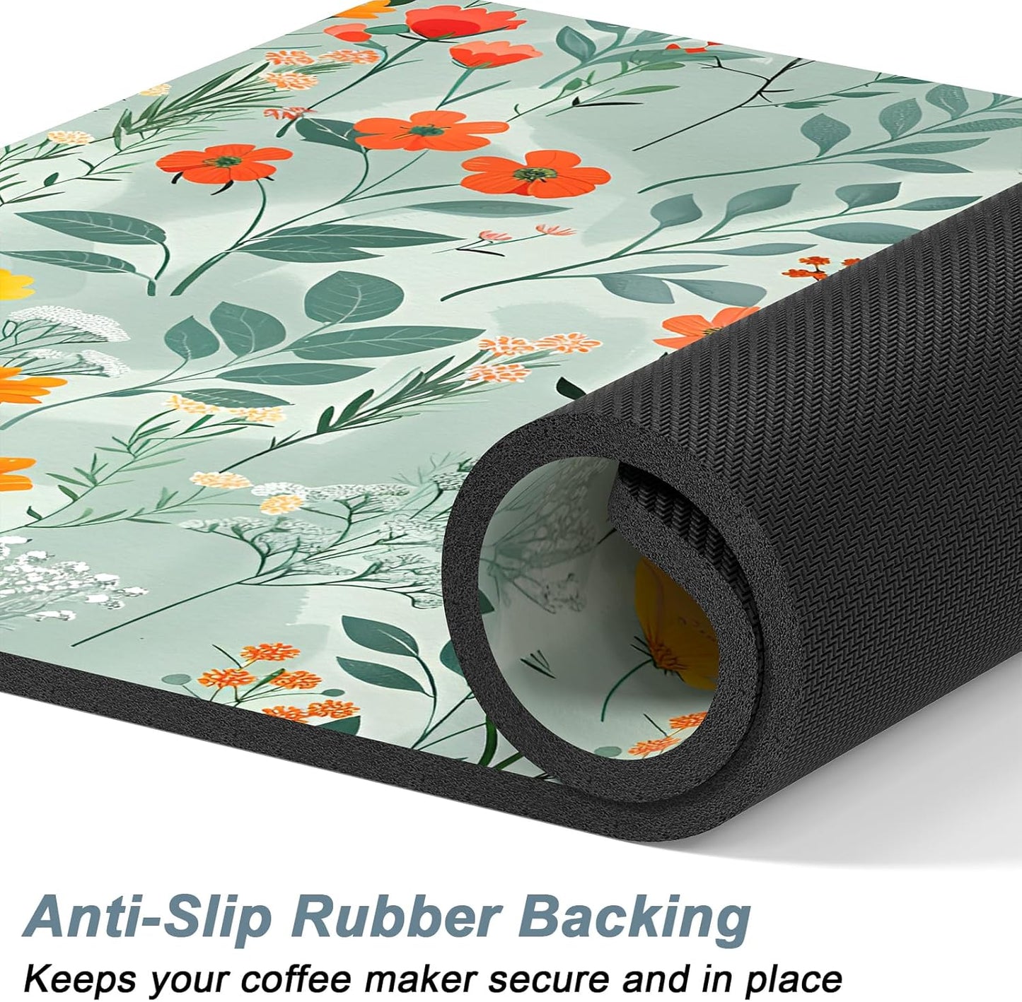 Rnivvi Coffee Mat, 12" x 19" Cute Coffee Bar Mats for Espresso Machine Station Accessories and Organizer, Hide Stain Rubber Backed Absorbent Dish Drying Pad for Kitchen Counter, Abstract Flowers