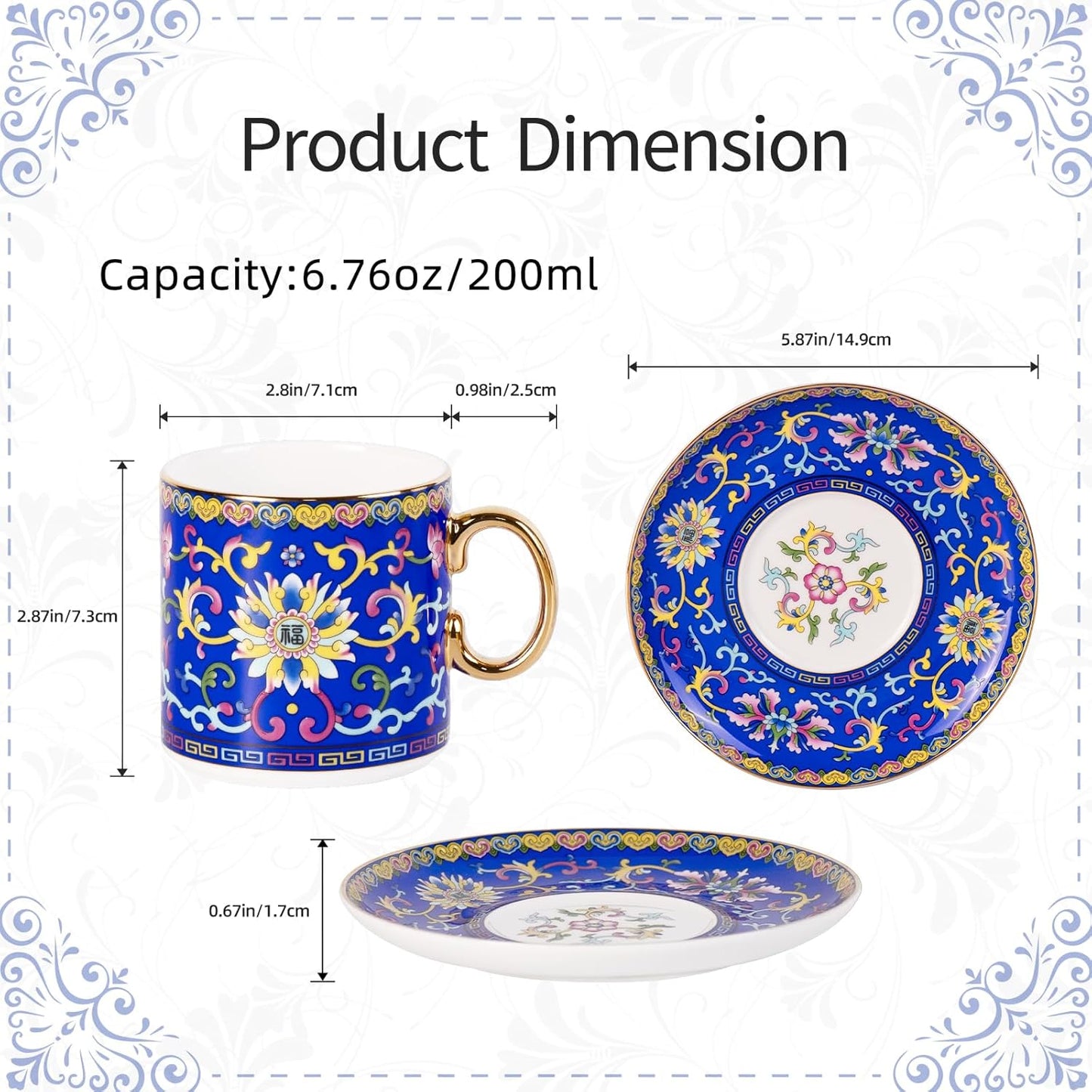 KAMMAK Tea Cups and Saucers Set of 2, Porcelain Coffee Cups with Saucer for Espresso, Cappuccino, 7oz Vintage Yellow and Blue Ceramic Demitasse Mug for Home, Tea Party, Office