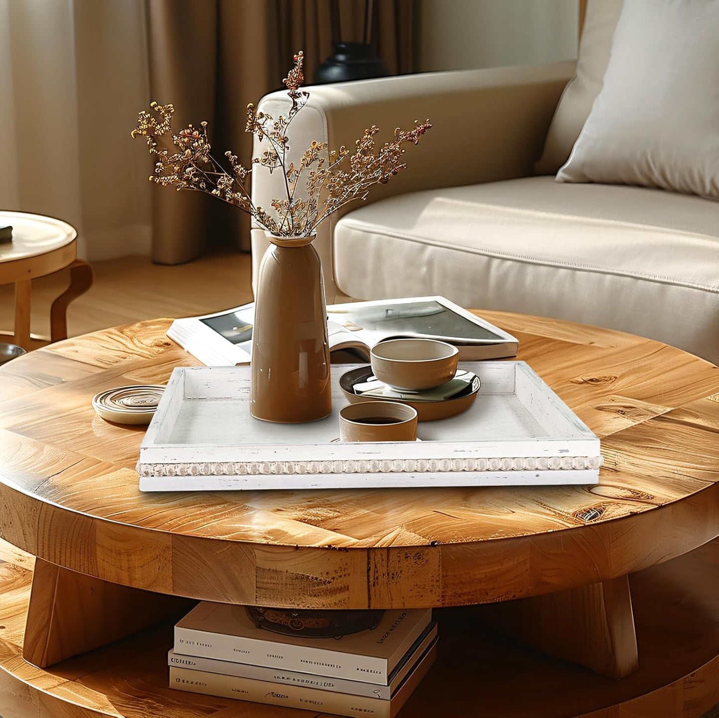 MAONAME Wood Serving Tray, Farmhouse Wooden Tray for Coffee Table, Rustic Rectangle Trays with Beads, Vintage White Decorative Trays for Living Room, Kitchen, 15.7" X 11.8" X 1.57"