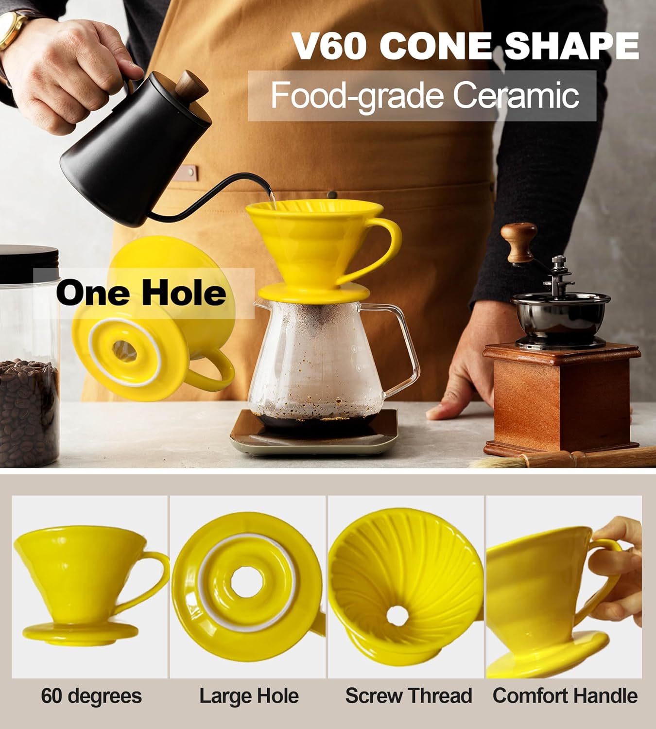 Pour Over Coffee Dripper - Ceramic Pour Over Coffee Maker Cone, Porcelain Coffee Drip, Pour Over Single Cup, Manual Brew Maker for Home, Cafe, Office - 1-4Cup, V60 Size 02 (Yellow)