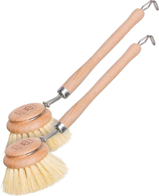 REDECKER 2 Pack Tampico Fiber Bristle 2-Inch All-Purpose Kitchen Dish Scrub Brush with Beechwood Handle - Dish Brush with Hooked Handle for Pots, Pans, and Kitchen Utensils - Made in Germany