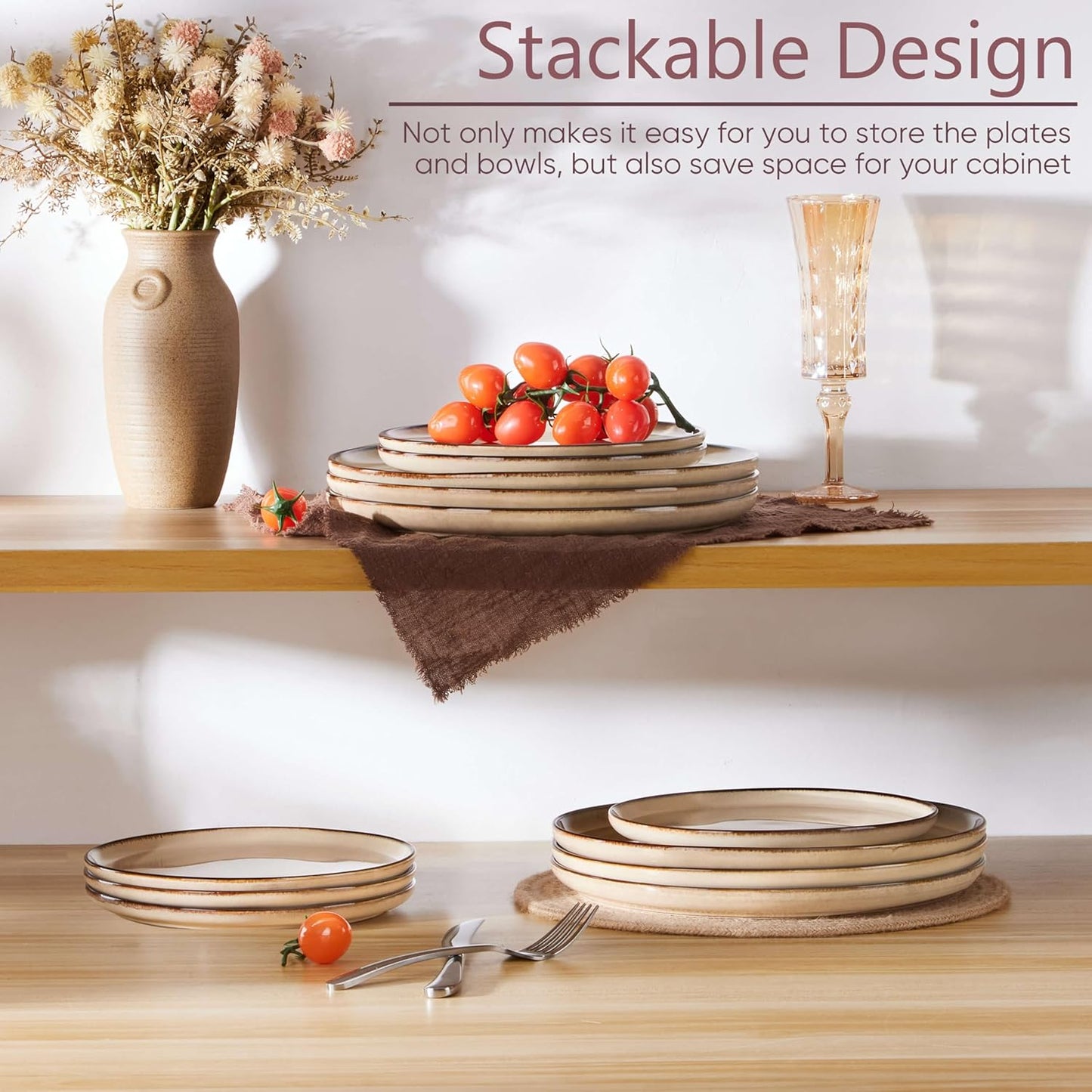 Herogo Ceramic 7.9 Inch Dinner Dessert Plates Set of 6, Small Stoneware Dinnerware Plate Set, Double Reactive Glaze Large Dinnerware Plates for Kitchen, Microwave, Oven & Dishwasher Safe, Cream Khaki