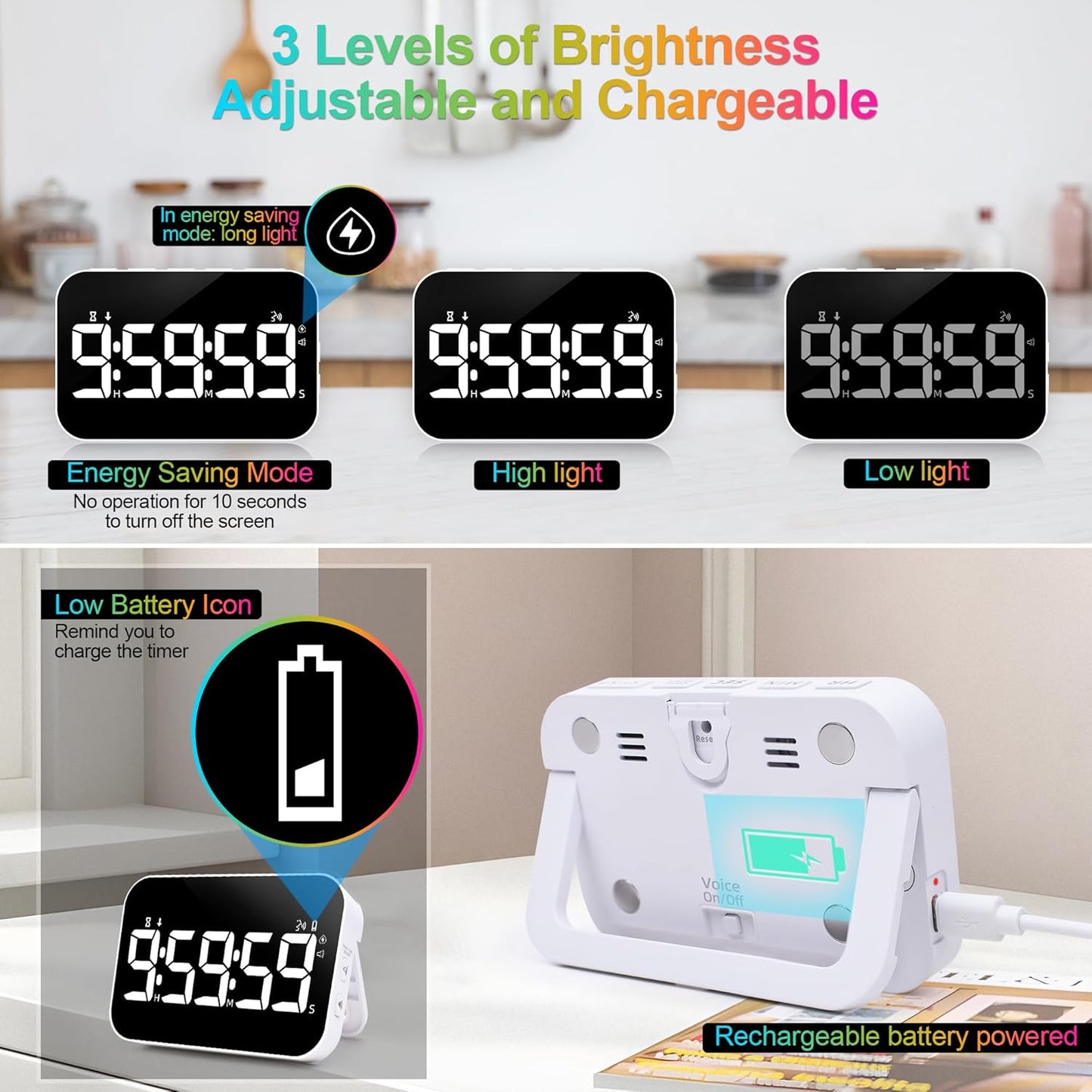 Kitchen Digital Timer, Rechargeable Magnetic Count Down Up Timer, Vibration Mode Adjustable Volume and Brightness LED Display with Sound Alert Function for Kids Adults Study Teaching, Kitchen Gadgets