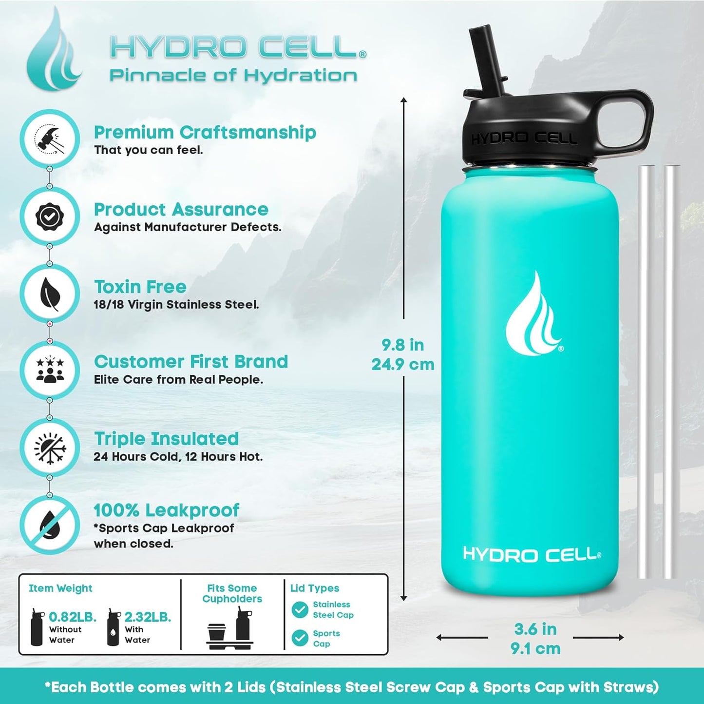 HYDRO CELL Stainless Steel Insulated Water Bottle with Straw - For Cold & Hot Drinks - Metal Vacuum Flask with Screw Cap and Modern Leakproof Sport Thermos for Adults (Teal 32oz)