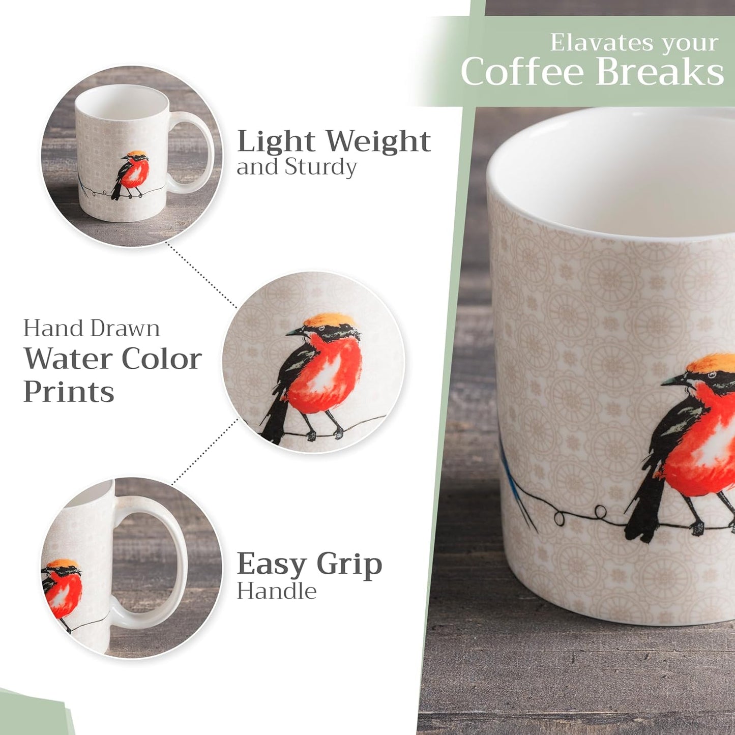 Maison d' Hermine Coffee Mug with Handles Fine Bone China Mugs Pack of One Tea Cups for Hot Beverages Cappuccino Latte Home Restaurant Office Perfect for Gift (Birdies On Wire - Nuthatch, 12 Ounce)