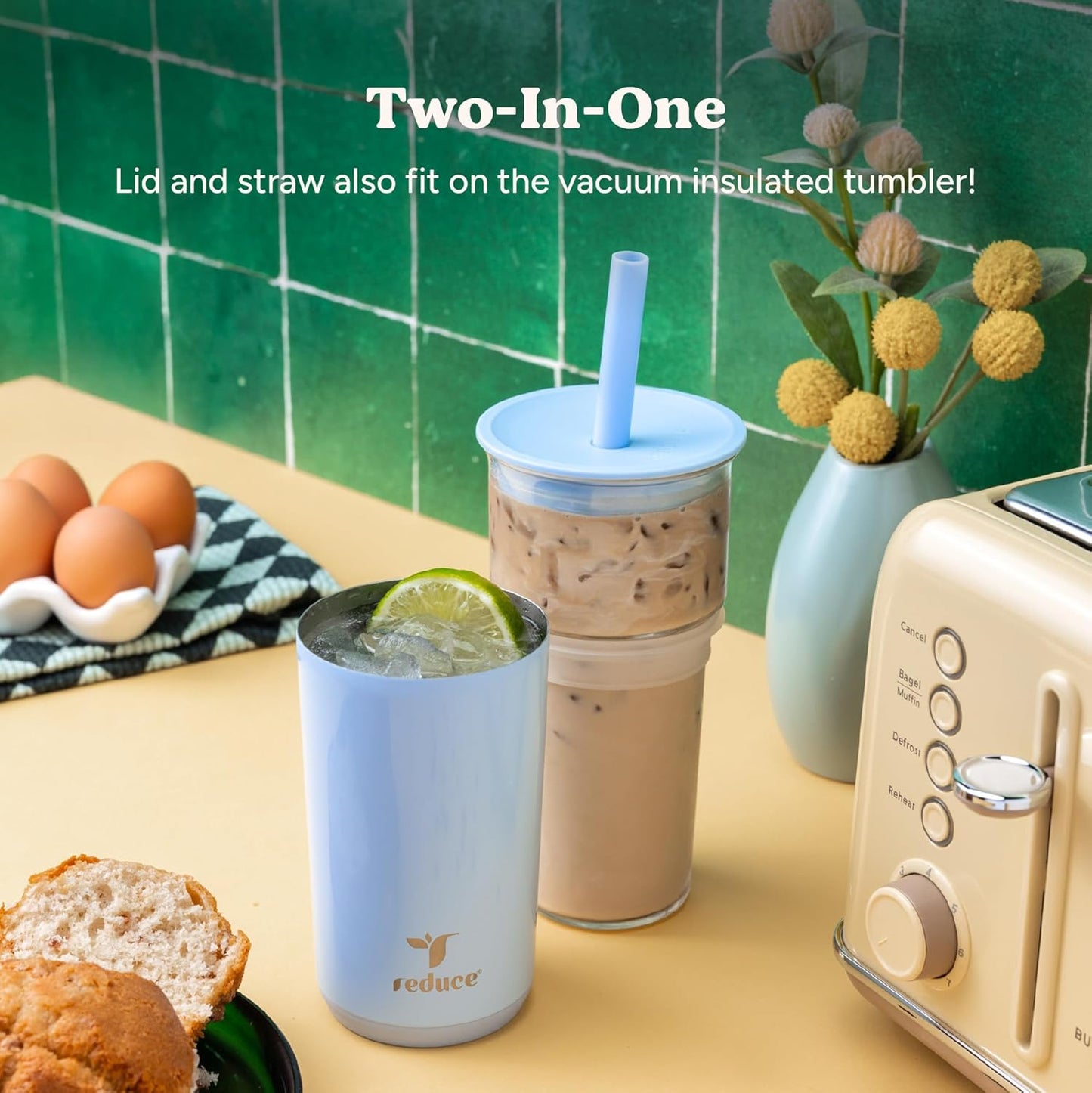 REDUCE Aspen 20 oz Vacuum Insulated Glass Tumbler with Lid & Extra Wide Straw - Keeps Drinks Cold for 12 Hrs - Ideal for Iced Coffee, Smoothies & Boba - Dishwasher Safe, Soft Base - Phantom