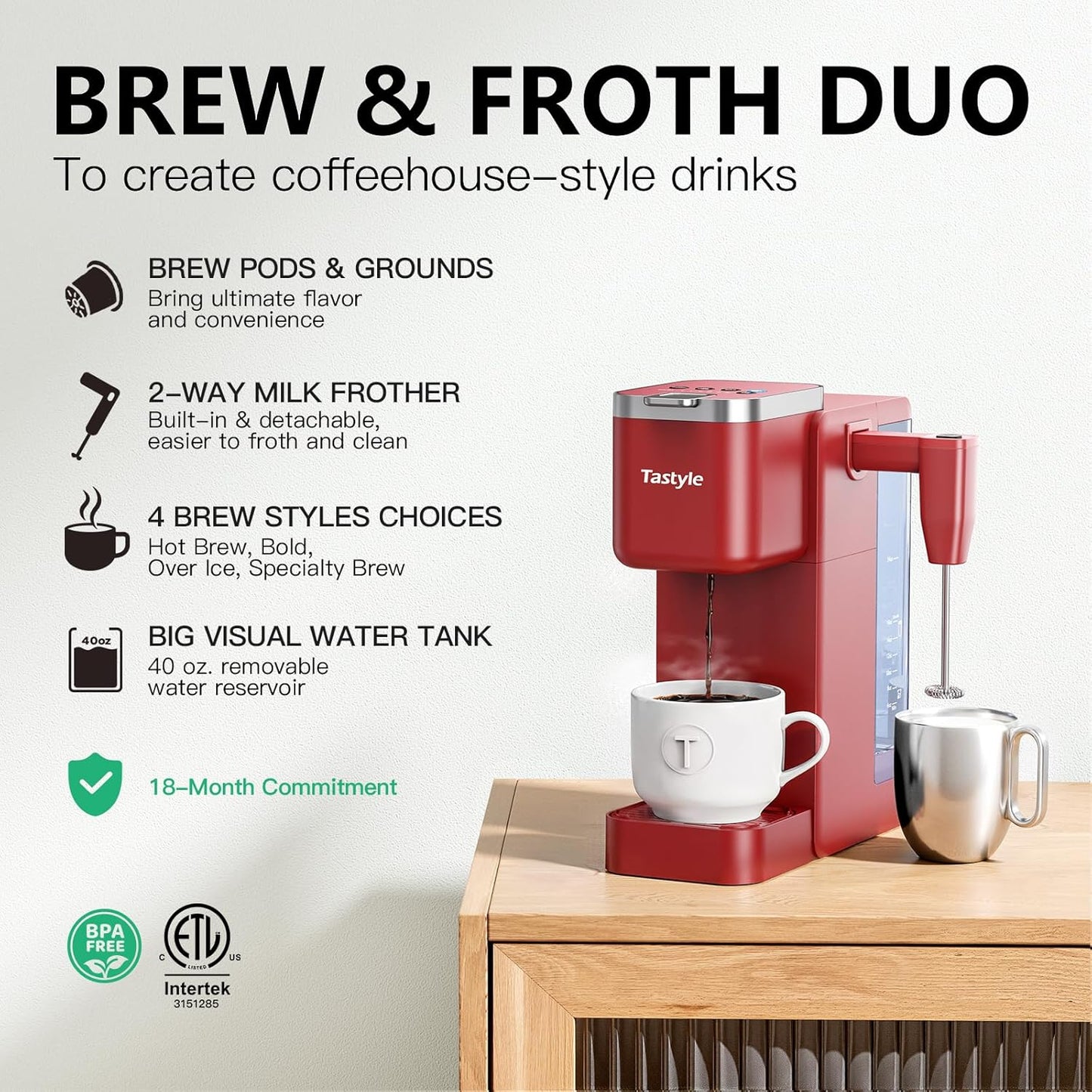 Single Serve Coffee Maker with Built-in Detachable Milk Frother, Iced and Hot Coffee Machine for K Cup & Grounds, 40oz Removable Water Reservoir, 6 Cup Sizes, Fits 7.3" Travel Mug, Red