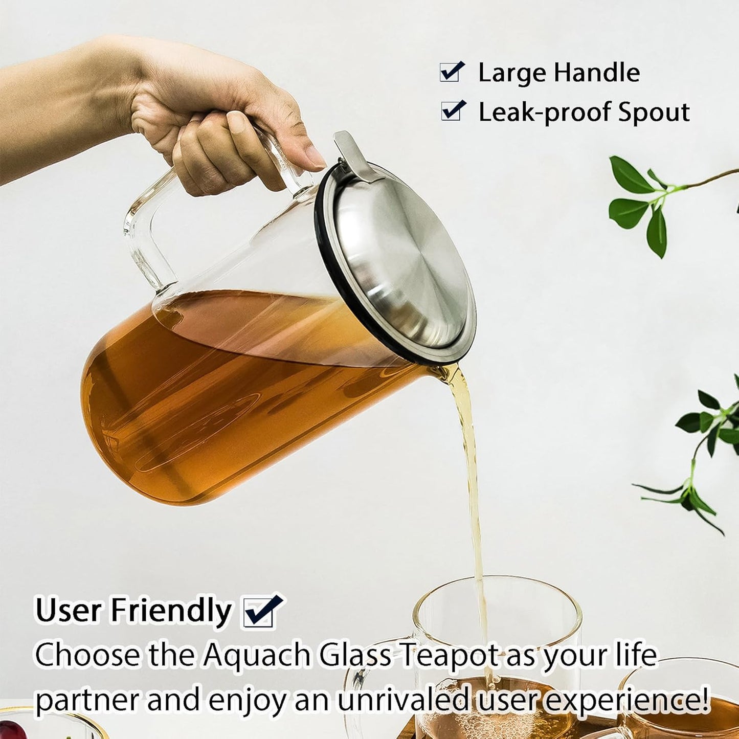 Aquach 51oz Glass Teapot with Stainless Steel Removable Infuser, Stovetop & Dishwasher Safe, Ideal for Loose & Blooming Tea Brewing