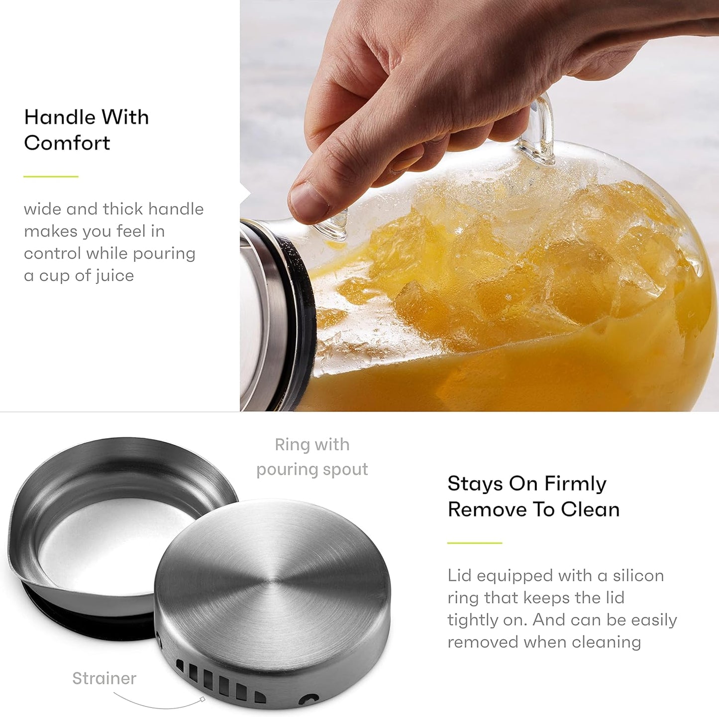 MITBAK 84- OZ Glass Pitcher With Stainless Steel Lid | Beautiful Lightweight Beverage Jug Carafe With A Wide Handle | Great For Cold & Hot Drinks Like Tea, Lemonade, Juice, Water, Coffee, Cold Brew