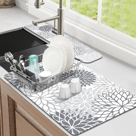 Findosom 2PCS 12" x 20" Dish Drying Mat & 24" x 5.5" Sink Splash Guard, Super Absorbent & Cuttable Dish Mat Drying Kitchen Mat with Gray Floral, Hide Stain Drying Mat for Kitchen Counter