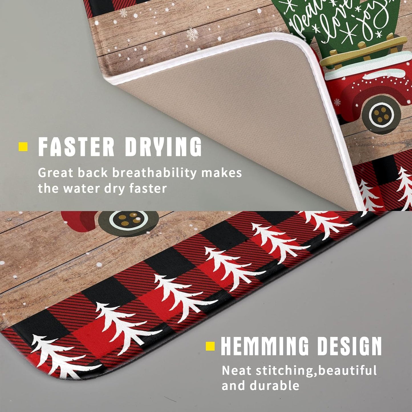 Christmas Dish Drying Mat 16 x 18 Inch with Hanging Loop High Absorbent Reversible Microfiber Red Truck Buffalo Check Plaid Dish Mat Dish Drying Pad Dish Rack Pad Drainer Mat Counter Mat