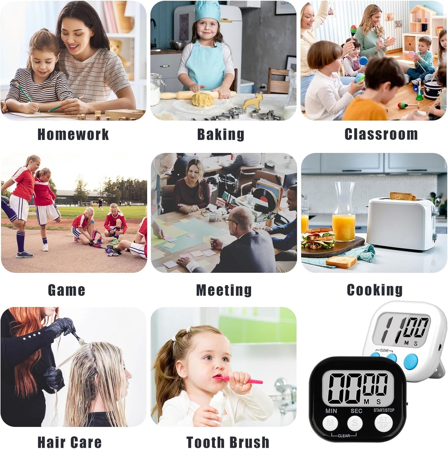 ZILLEEN Classroom Timer for Kids Teachers Digital Timers, Black White 6 Pack