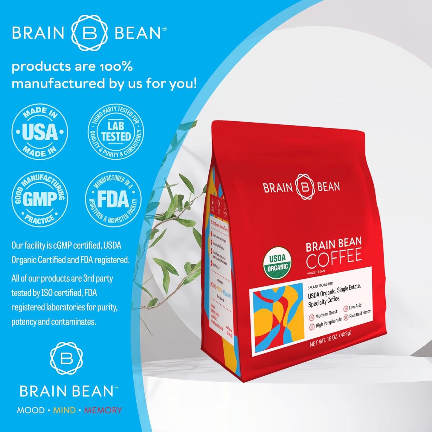 Brain Bean Organic Coffee – Smooth Taste & Rich Medium Roast – High Antioxidant & USDA certified organic for Cognitive Support, Mood Enhancement & Toxin Removal - Whole Bean Coffee – 16 oz (1-Pack)