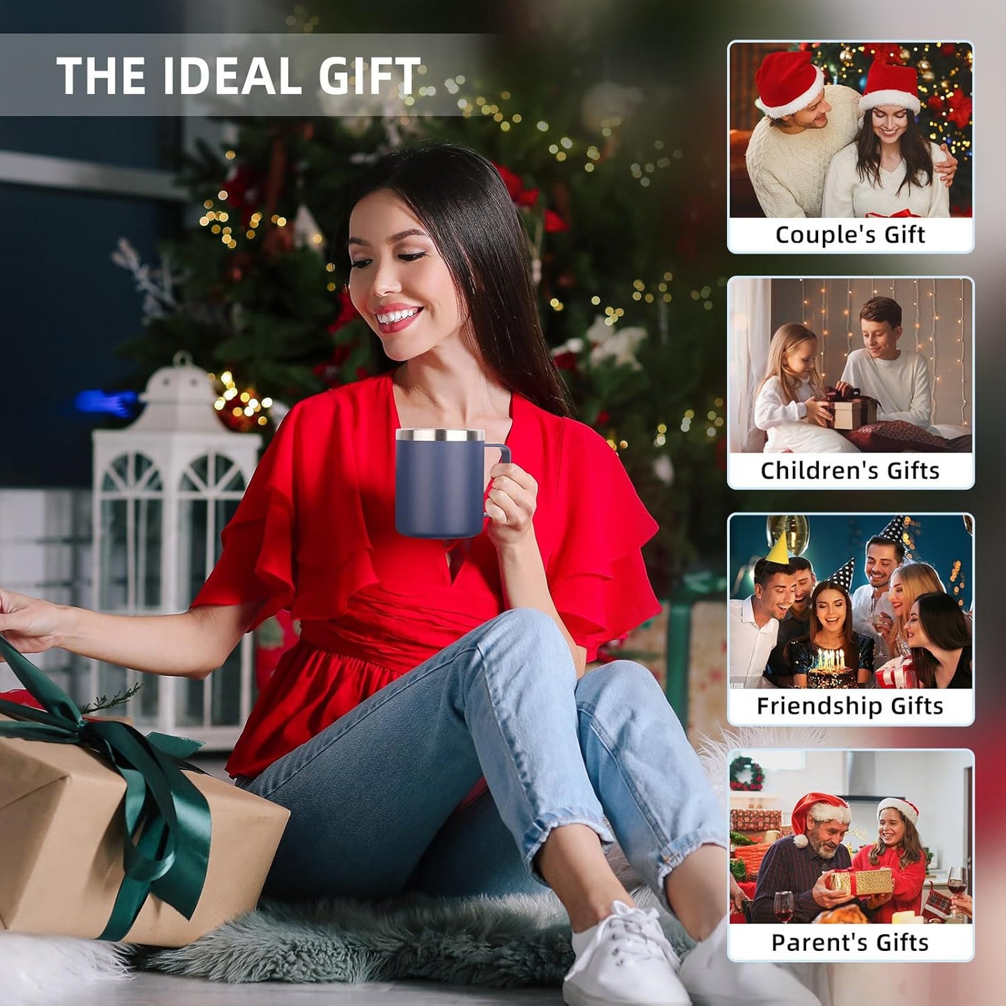 Volhoply 14oz Insulated Stainless Steel Coffee Mug with Lid Bulk 8 Pack,Double Wall Vacuum Travel Coffee Cup with Handle,Reusable Metal Cups Tumbler,Camping Mugs Keep Hot,Ideal Gifts(Navy,8)