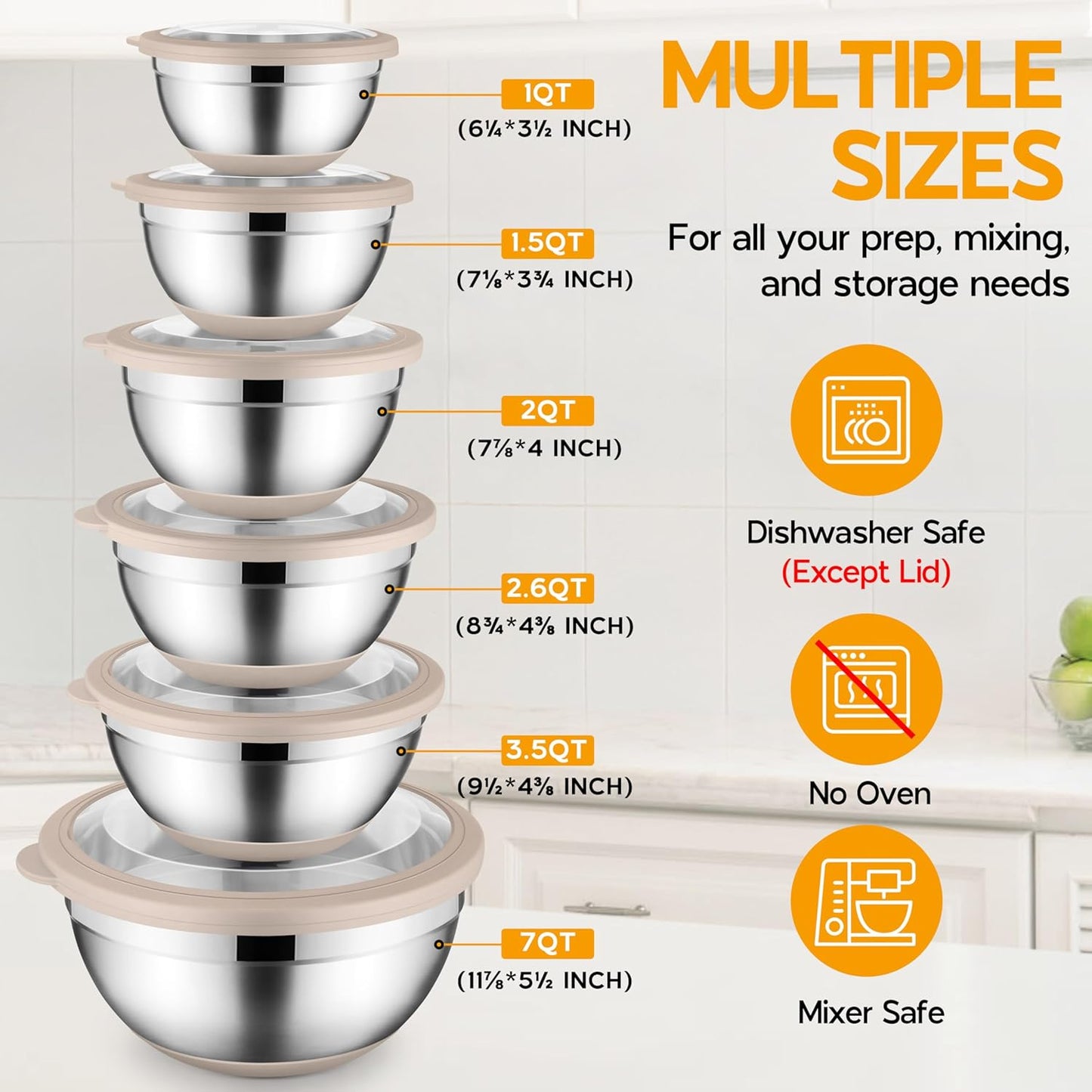 Mixing Bowls with Lids Set of 6, Large Metal Nesting Mixing Bowls, Stainless Steel Non-Slip Salad Bowl Khaki – Size 1, 1.5, 2, 2.6, 3.5, 7QT