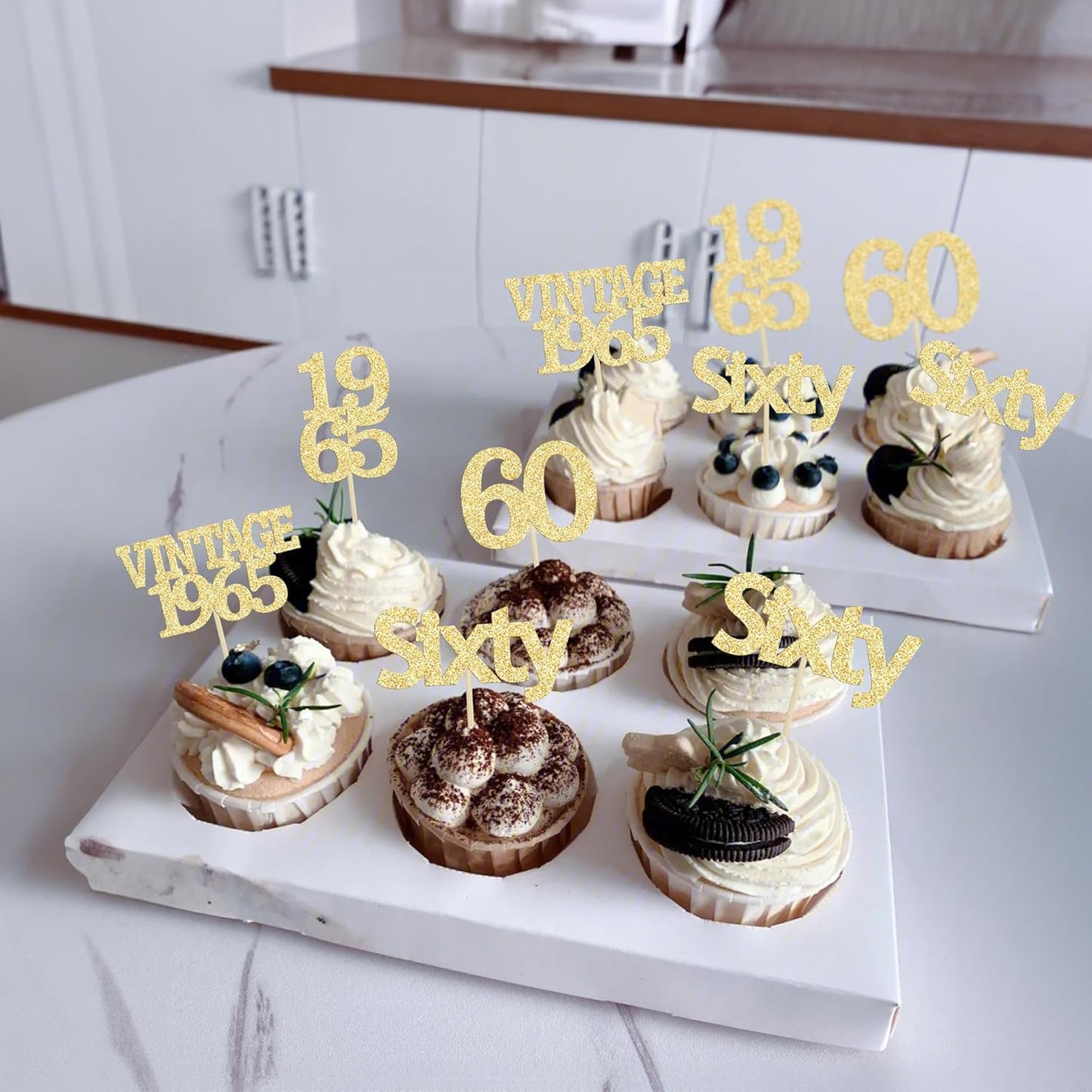 Gyufise 24Pcs 60th Birthday Cupcake Toppers Cheers to 60 Fabulous Sixty Cupcake Picks Vintage 1965 Decorations for 60th Birthday Wedding Anniversary Party Cake Decorations Supplies Gold