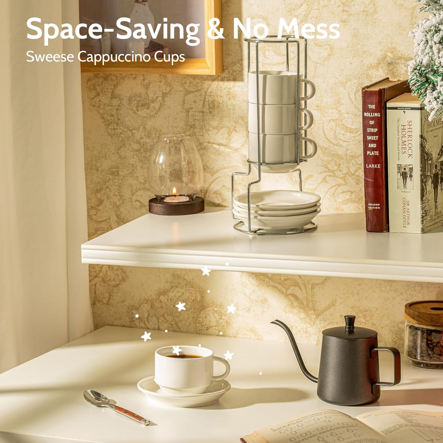 Sweese 8 Ounce Porcelain Stackable Cappuccino Cups with Saucers and Metal Stand - for Specialty Coffee Drinks, Cappuccino, Latte, Americano and Tea - Set of 4, White