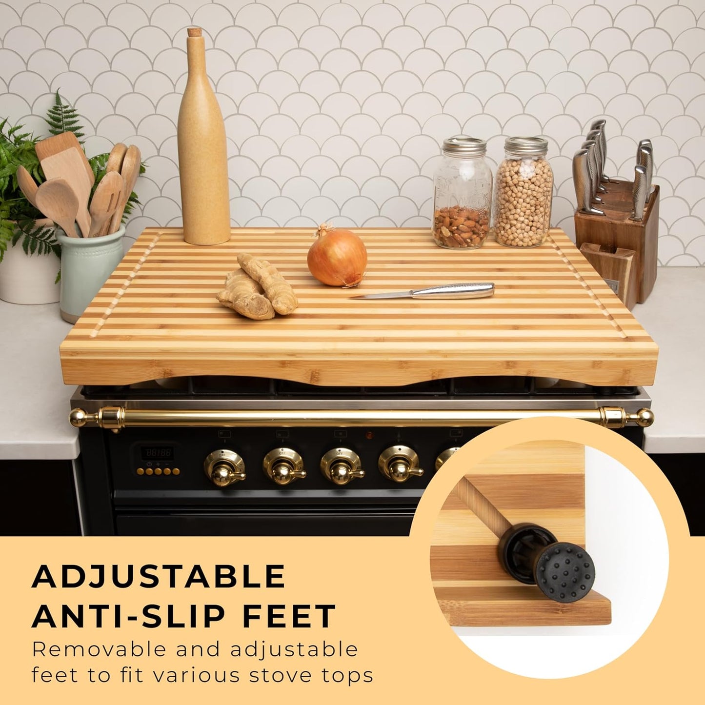 Prosumer's Choice Stovetop Cover Bamboo Cutting Board | Premium, Sustainable, Expands Kitchen Space, Easy to Clean - with Adjustable Legs and Juice Grooves - Large - 29.5"L x 3.5"W x 21"H