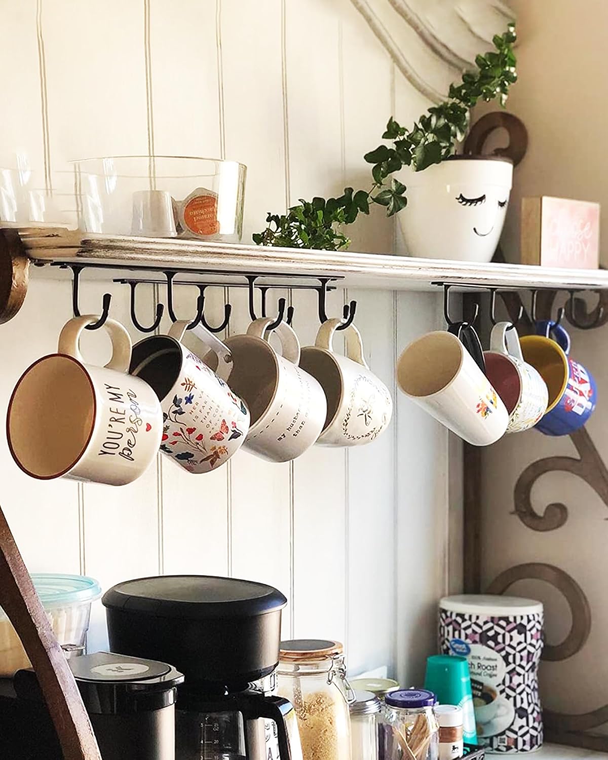 Mugs Hooks 3 Pcs Mug Holder Under Cabinet Coffee Hooks for Mugs Iron Hanging Mug Rack Under Shelf Kitchen Dining Bar Organizer Rack - Bronze