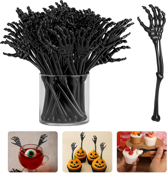RunNico 60 Pcs 5.9''x1.5'' Halloween Skeleton Cocktail Stirrers, Reusable Skeleton Hand Swizzle Sticks, Halloween Plastic Drink Stirrer for Home Bar Horror Party Table Decorations