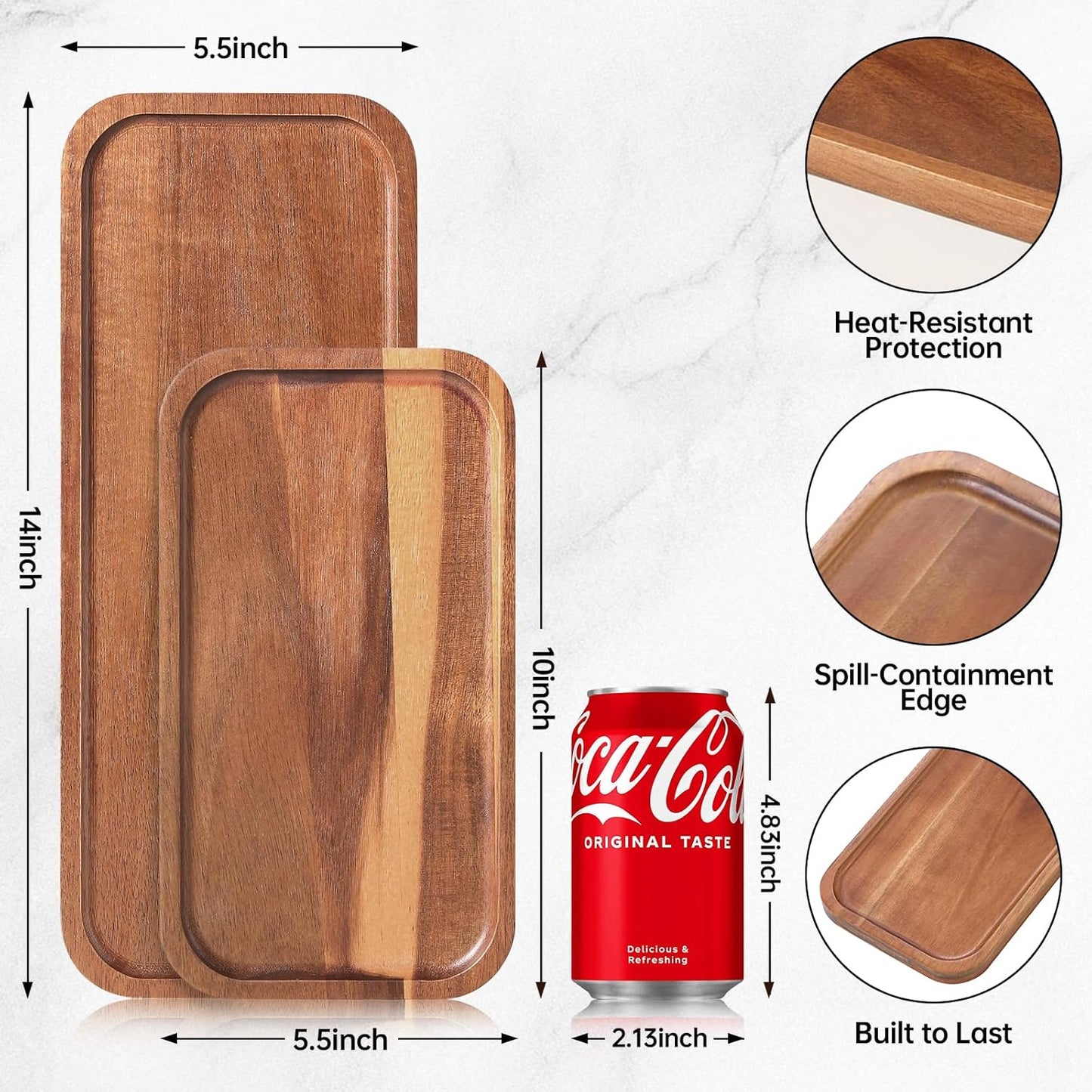 Solid Acacia Wood Serving Trays and Platters - Wooden Mini Charcuterie Boards, Rectangle Small Cheese Board for Food, Bathroom, Home Decor, Kitchen Counter, (14"x5.5", 3 Pack)