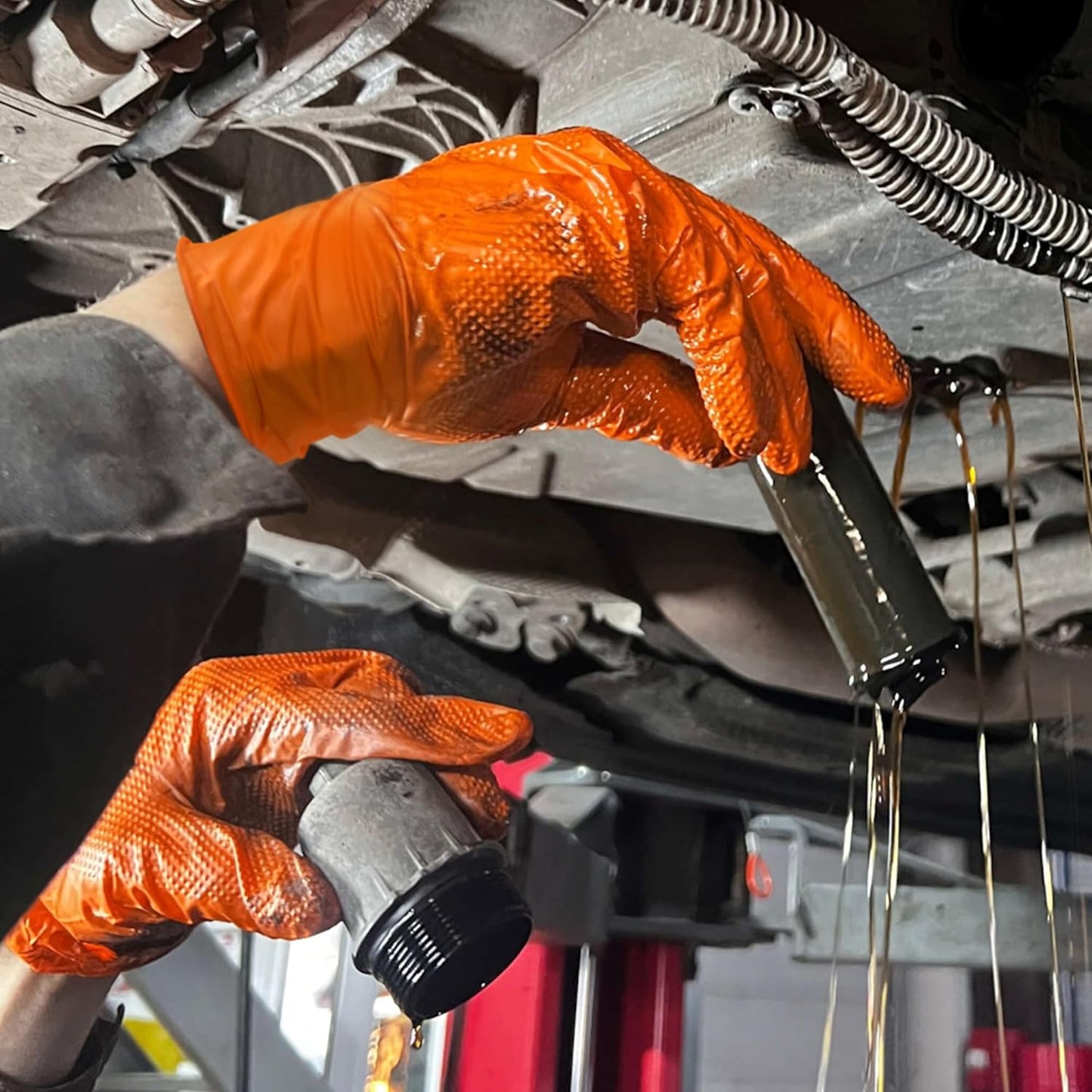 TitanFlex Heavy Duty Nitrile Gloves, 6 Mil Orange Raised Diamond Texture, Mechanic Disposable Gloves Latex Free Powder Free