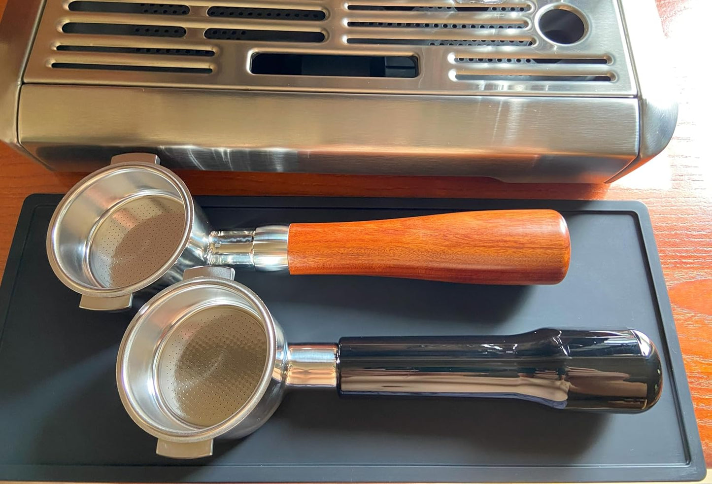 51mm Bottomless Portafilter Compatible with DeLonghi Espresso Machine ECP3420/ECP3630/ECP3120/EC260BK/EC265/EC155/EC702/BCO430 Stainless Steel Portafilter 2 Ear Filter Basket-Wooden