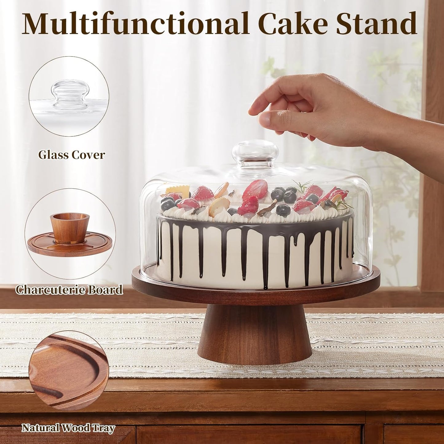 Wooden Cake Stand with Lid, Acacia Cake Stand with Glass Dome, 11-Inch Versatile Dessert Stand with Strong Magnetic Pedestal, Cake Holder for Birthday/Kitchen/Party/Charcuterie
