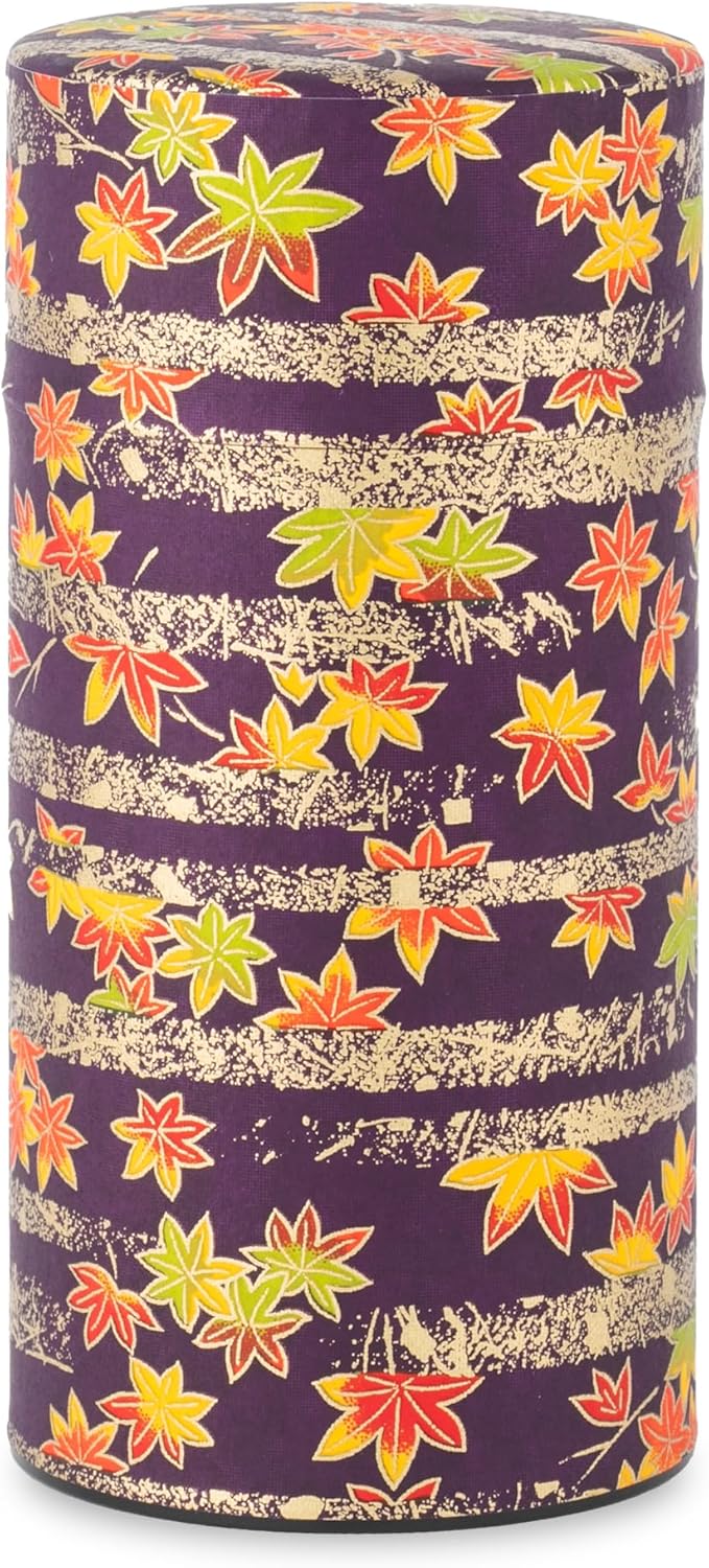 NOREN Japanese Tea Canister Tin (Yuzen Washi Paper - Autumn leaves/Purple), 7.06oz Size/Made in JAPAN