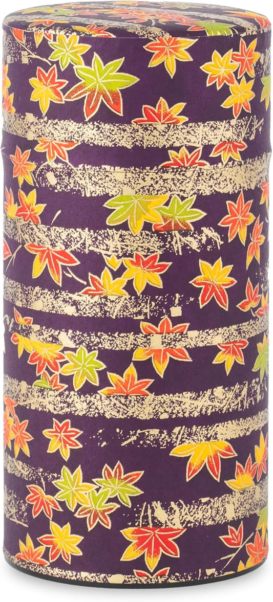 NOREN Japanese Tea Canister Tin (Yuzen Washi Paper - Autumn leaves/Purple), 7.06oz Size/Made in JAPAN