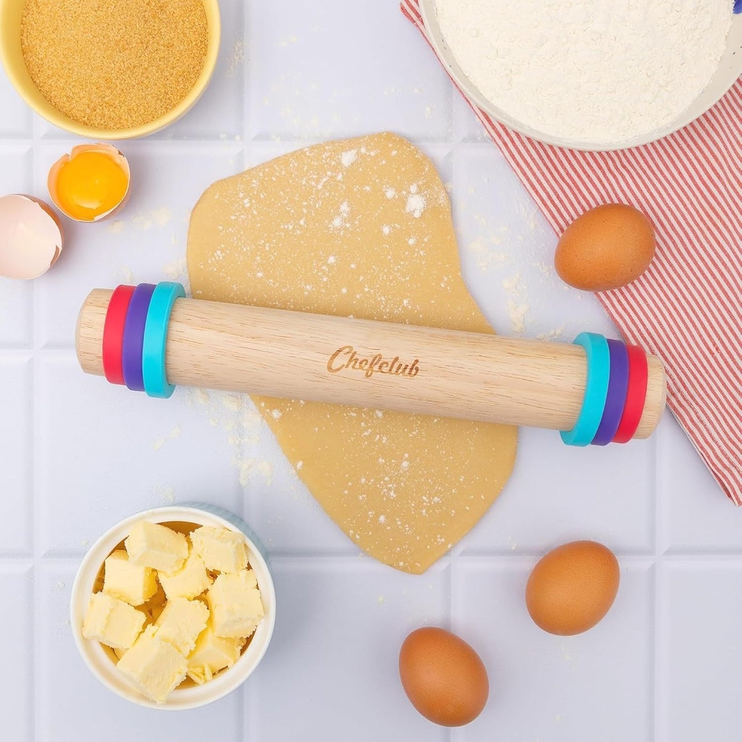 Adjustable Wooden Rolling Pin - 3 Removable Silicone Rings - Perfect for Baking & Pastry, Pizza, Pie, Cookie Dough - Precision Baking Tool for Kids