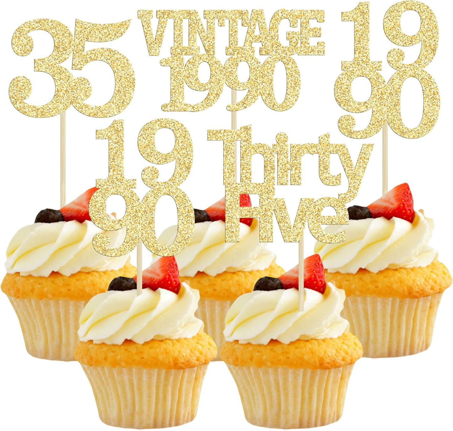 Gyufise 24Pcs Happy 35th Birthday Cupcake Toppers Glitter Thirty Five 35 Fabulous Vintage 1990 Cupcake Picks for 30th Birthday Wedding Anniversary Party Cake Decorations Supplies Gold