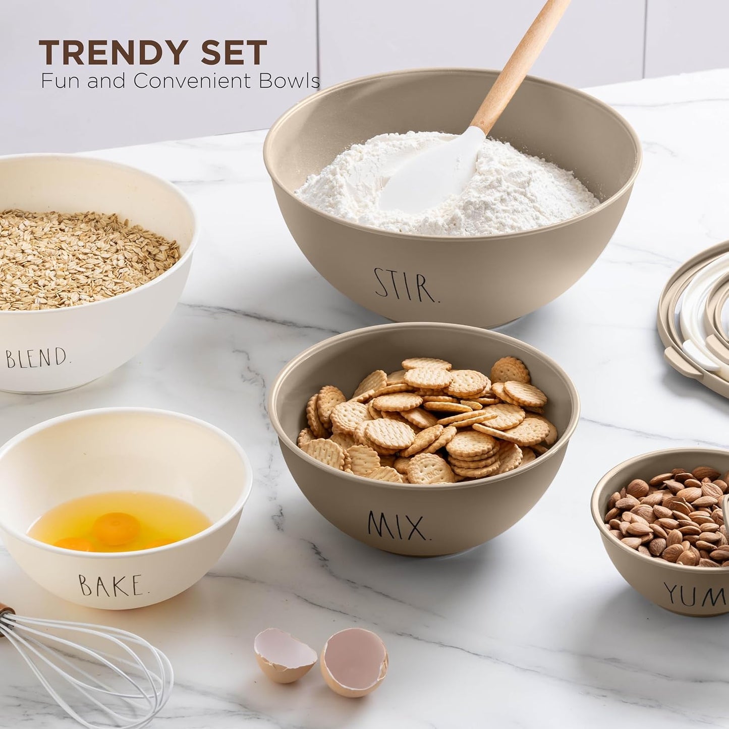 Rae Dunn Mixing Bowls with Lids - 10 Piece Plastic Nesting Bowls Set includes 5 Prep Bowls and 5 Lids (Brown)