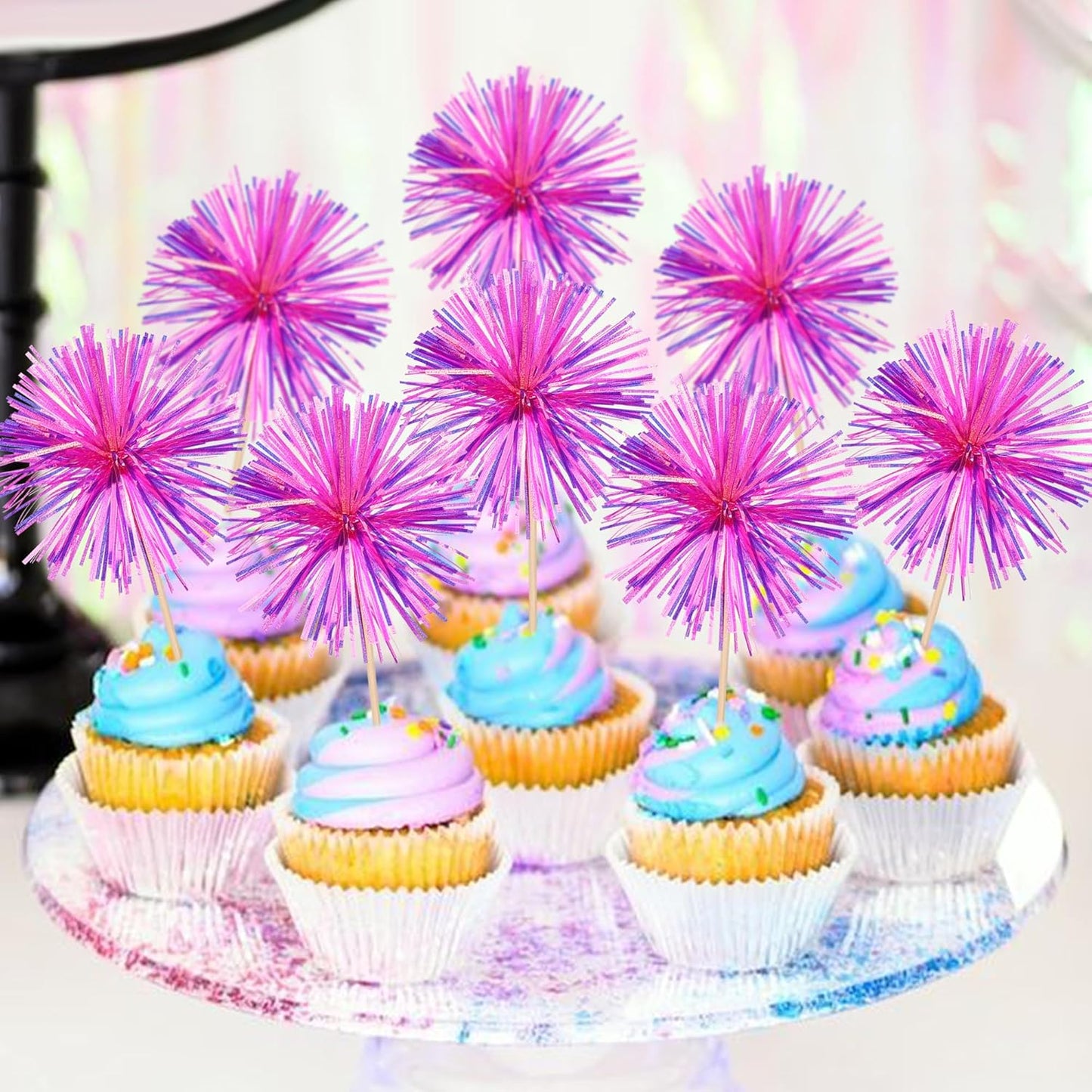 30 PCS Foil Firework Cupcake Toppers Happy Birthday Cupcake Toppers Sparkle Tinsel Flower Drink Stirrers Cocktail Fruit Toothpicks for Valentine's Day Baby Shower Party Cake Decor Supplies Rose Red