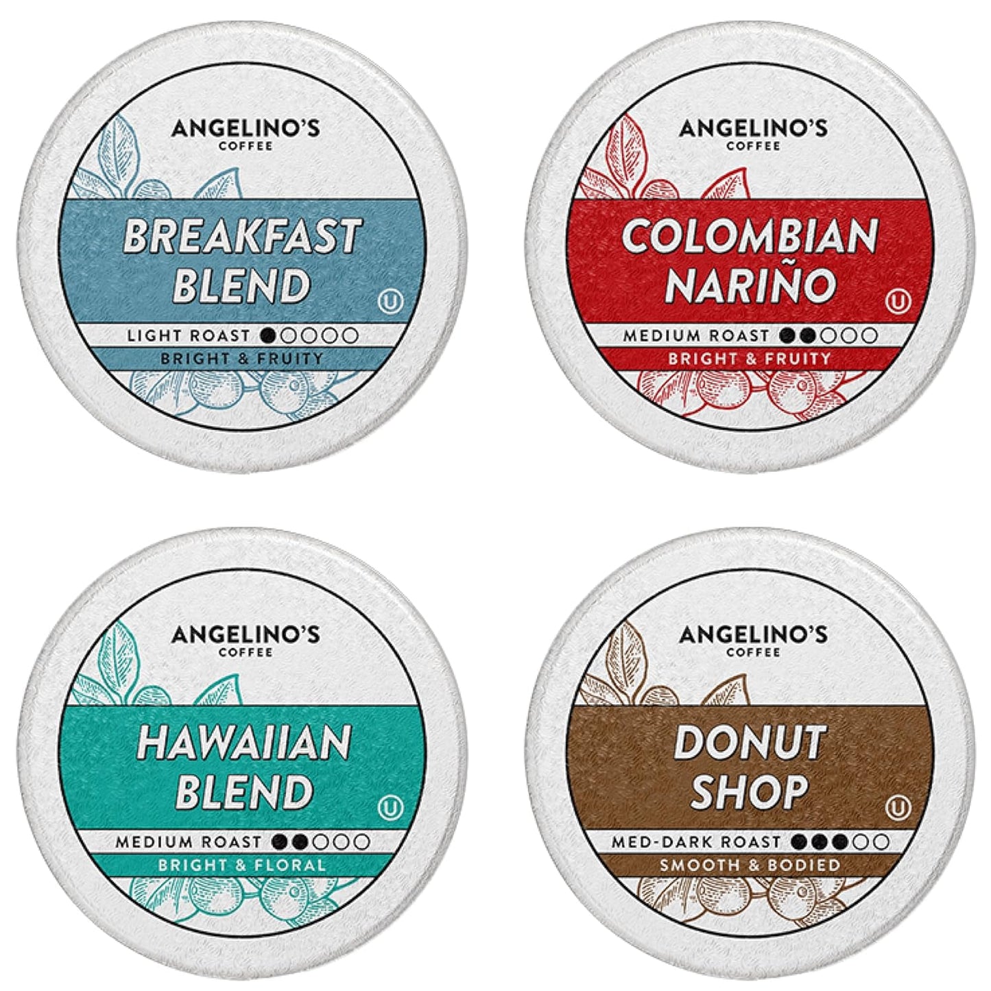 Angelino's Coffee - Medium Roast Coffee Pods Variety Pack, 96 Count - Includes Breakfast Blend, Colombian Nariño, Hawaiian Blend, Donut Shop, Single Serve Coffee Pods for Keurig K-Cup Brewers